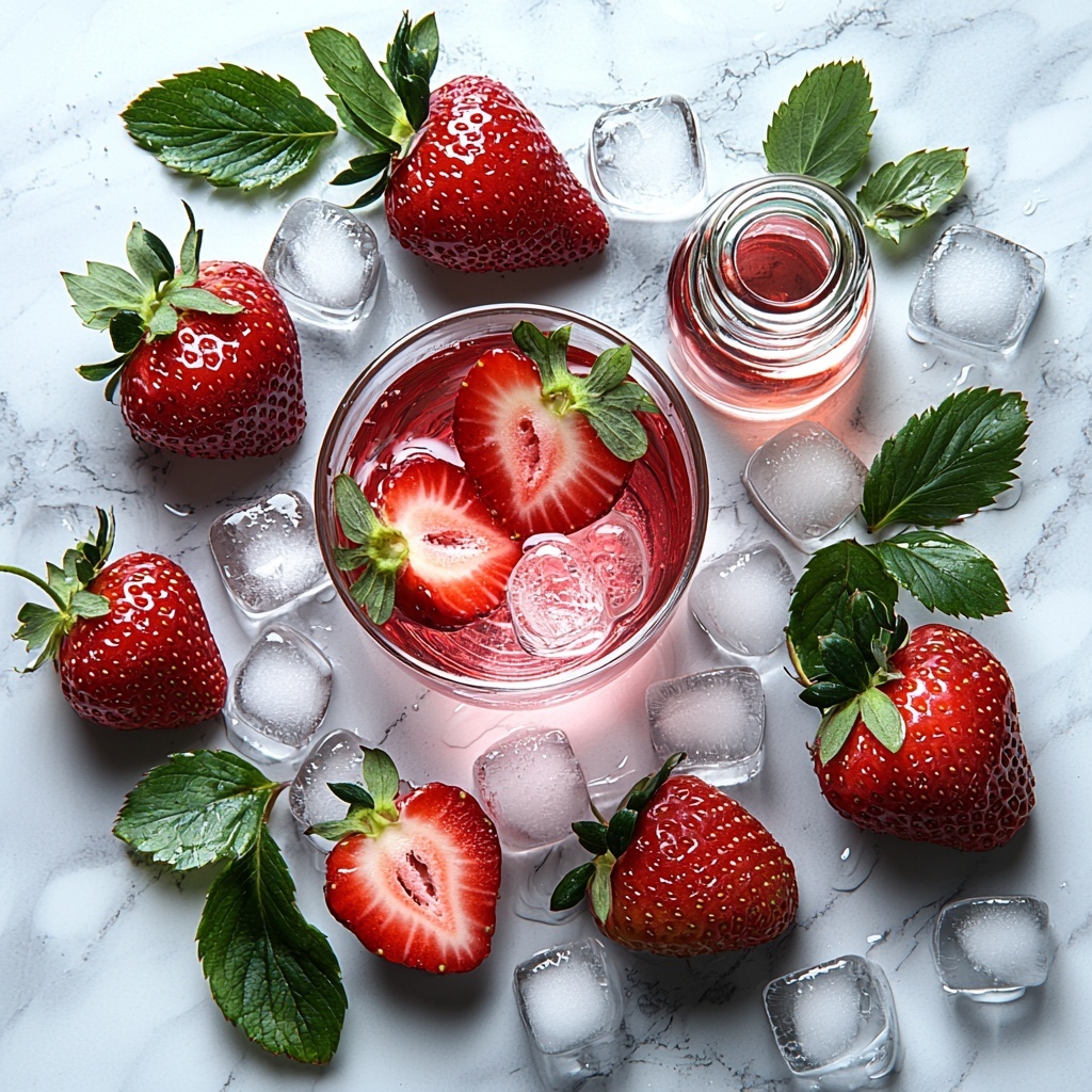5-6 fresh ripe strawberries with bright red color and green leafy tops, one strawberry sliced in half showing juicy interior, small glass bottle or jar of clear simple syrup with subtle reflections, clear ice cubes with glossy, crystalline texture scattered artfully, a sleek, clear shot glass or small mason jar partially filled with vodka (or gin/tequila) showing transparent liquid, all ingredients neatly arranged on a clean white marble surface with soft natural light casting gentle shadows, vibrant colors contrasted against the smooth background, minimalistic and elegant styling with some strawberry leaves placed delicately as accents, subtle water droplets on strawberries for freshness, overhead shot, top down view, flat lay photography, professional food styling --ar 1:1 --q 2 --s 750 --v 6.1