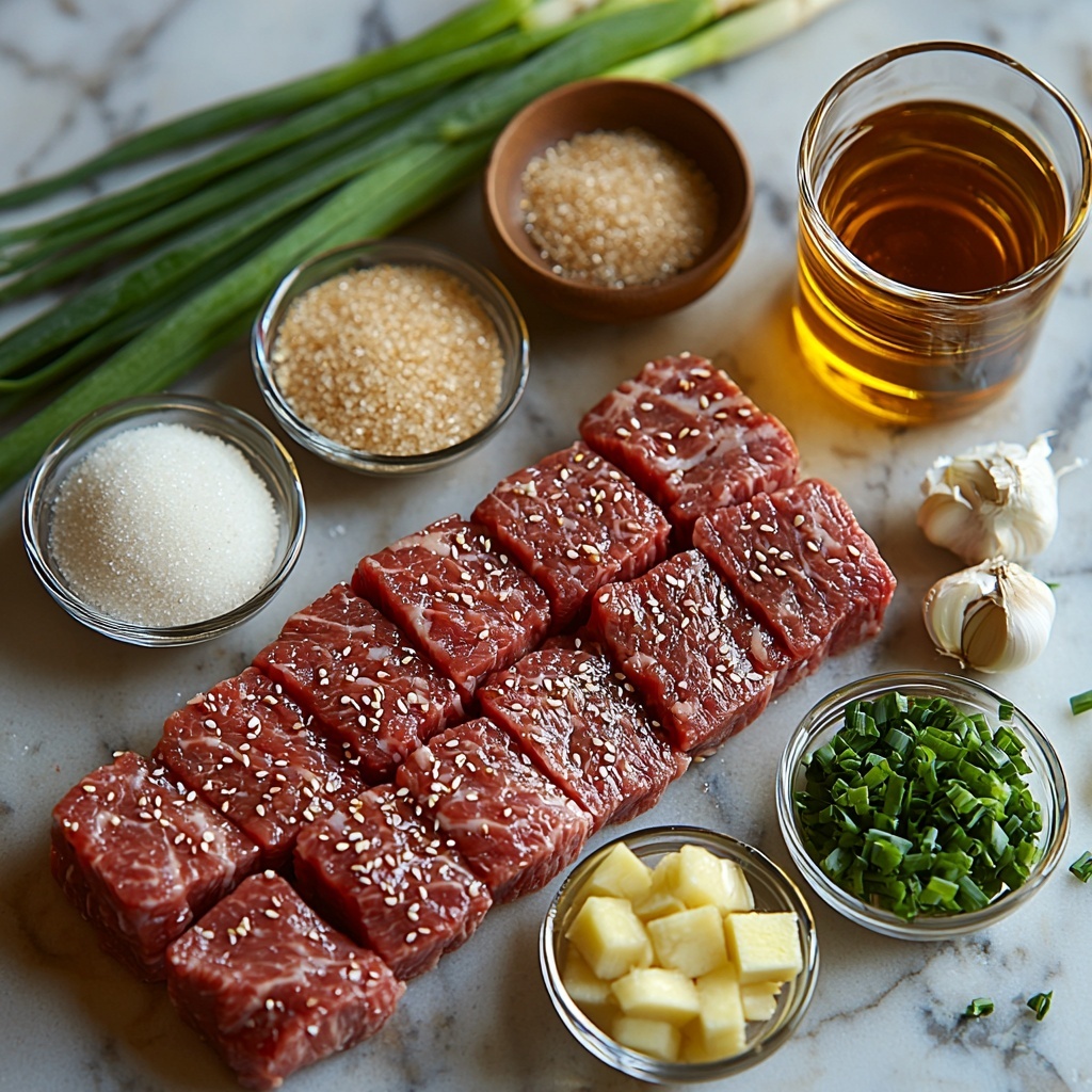 flank steak thinly sliced raw with visible grain texture, small bowl of white cornstarch powder, small glass dish with golden toasted sesame oil, tiny bowl of minced garlic pale yellow with fine texture, small bowl of minced fresh ginger light beige, clear measuring cup with dark amber low sodium soy sauce, small bowl of rich brown sugar crystals, glass of clear water, bunch of vibrant green onions cut into 1/2 inch pieces showing fresh leafy ends—all neatly arranged on a clean white marble surface with soft natural light casting gentle shadows, slight rustic wooden cutting board partially visible, subtle sprigs of fresh herbs for styling accent, minimalistic modern styling emphasizing contrasting colors and textures, overhead shot, top down view, flat lay photography, professional food styling --ar 1:1 --q 2 --s 750 --v 6.1