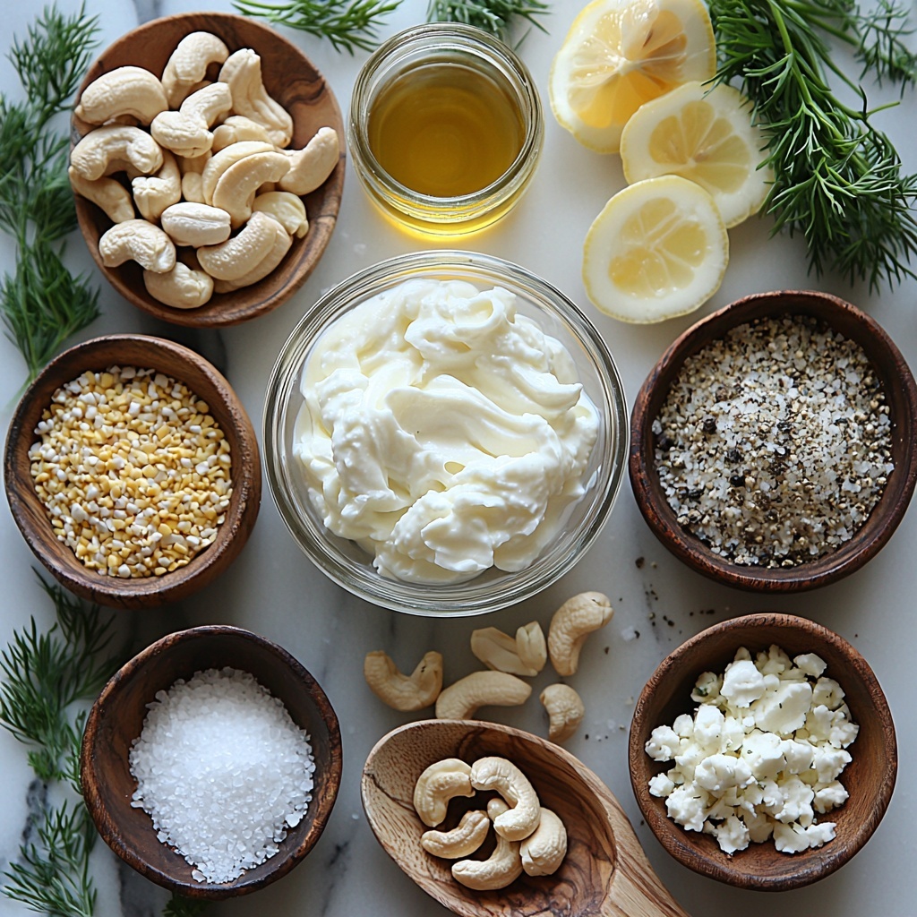 Cashews soaked in water in a small glass bowl with visible creamy texture, a separate bowl of thick vegan Greek-style yogurt creamy and white, a small dish with freshly squeezed lemon juice bright yellow, a tiny glass container of apple cider vinegar clear amber liquid, a wooden spoon holding sliced raw garlic cloves crisp white with delicate layers, a small heap of golden garlic powder, a neat pile of golden-yellow nutritional yeast flakes, a small mound of coarse sea salt sparkling white crystals, freshly cracked black peppercorns scattered artistically, fresh vibrant green parsley sprigs and dill fronds with delicate textures, dried herbs de Provence in a small rustic bowl showing mixed green and brown tones, finely chopped fresh chives bright green on a sleek white ceramic spoon, all ingredients arranged neatly on a clean white marble surface with soft natural light casting gentle shadows, styled with rustic wooden accents and subtle greenery for freshness, clean and minimalist aesthetic emphasizing natural colors and textures, overhead shot, top down view, flat lay photography, professional food styling --ar 1:1 --q 2 --s 750 --v 6.1
