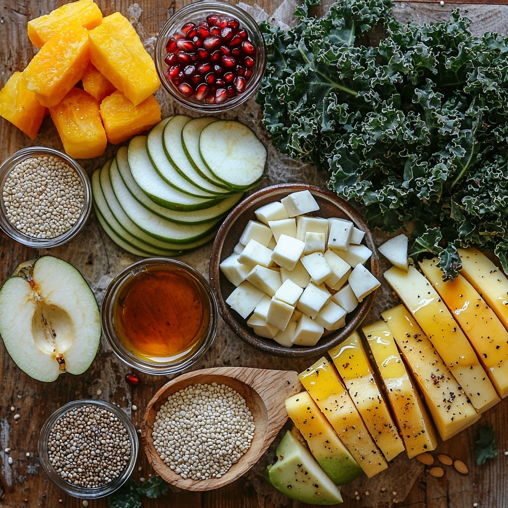 a vibrant flat lay of fall harvest quinoa salad ingredients arranged neatly on a clean, light wooden surface: a small bowl of uncooked white quinoa grains spilling slightly, halves and thin half-circle slices of delicata squash with bright orange flesh and green-striped skin, a small pool of golden olive oil in a tiny glass dish, a drizzle of amber maple syrup in a ramekin, small bowls containing ground cinnamon (warm brown), ground cayenne red pepper (deep red), ground turmeric (bright yellow), kosher salt and black peppercorns, a handful of fresh, deep green baby kale leaves loosely spread, thinly sliced crisp apple pieces with pale cream and pinkish-red edges, a scattering of glossy ruby red pomegranate arils catching light, a small heap of toasted pumpkin seeds with beige and green hues, slices of creamy white halloumi cheese with golden seared edges arranged in a neat stack, half an avocado sliced to reveal vibrant pale green flesh and a dark green rind, a small bowl of smooth beige tahini sauce, a wedge of lemon, and a small bottle of apple cider vinegar; natural light highlighting textures—the rough peel of squash, glossy seeds, creamy cheese, and tender kale—styled with minimal rustic props like a linen napkin and wooden spoons for warmth, shadows soft and inviting, composition balanced with negative space for an airy feel; overhead shot, top down view, flat lay photography, professional food styling --ar 1:1 --q 2 --s 750 --v 6.1