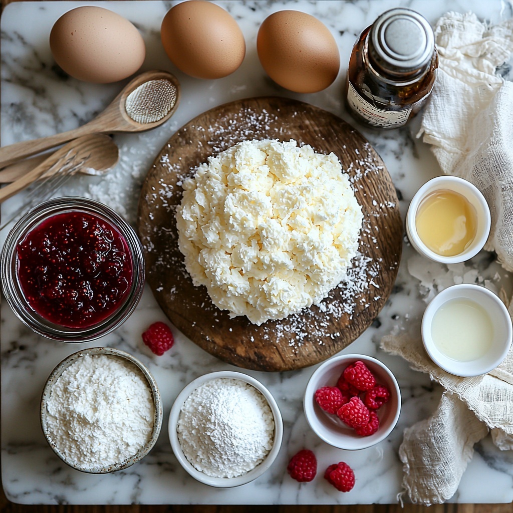 A clean white marble surface with a neat flat lay arrangement of ingredients for a raspberry coconut snowball cake: a small mound of all-purpose flour in a glass bowl, baking powder and salt in tiny white ceramic spoons, a square of creamy unsalted butter at room temperature on a wooden board, a small glass jar of slightly warmed bright red raspberry preserves with a silver spoon resting inside, a neat pile of golden granulated sugar in a measuring cup, three large brown eggs with smooth shells arranged in a row, a small clear glass bowl of rich whole milk, a white porcelain dish holding sweetened shredded coconut fluffy and snow-like, a sleek glass bottle of vanilla extract with amber liquid inside, and a fine mesh sieve dusted lightly with powdered sugar nearby. The colors pop warmly against the marble: soft whites, pale yellows, deep reds, and natural browns, with subtle shadows enhancing textures — the butter’s creaminess, the coconuts’ delicate flakes, the raspberry preserves’ glossy surface. Minimal rustic props include a wooden spoon, a linen napkin softly folded, and a sprinkle of loose shredded coconut dusted around for a natural, inviting vibe. overhead shot, top down view, flat lay photography, professional food styling --ar 1:1 --q 2 --s 750 --v 6.1