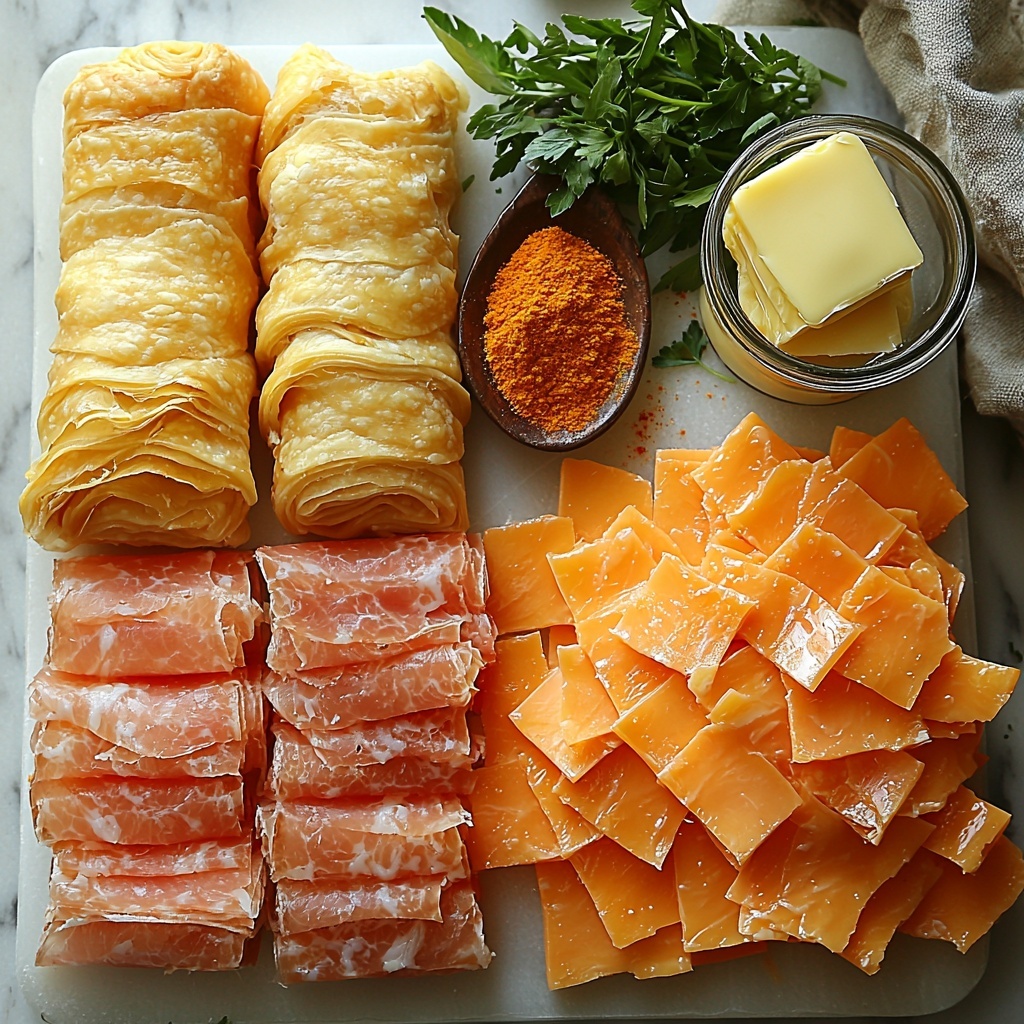 A clean white marble surface featuring all main ingredients for ham cheddar crescent roll-ups arranged neatly: an open tube of golden, flaky crescent roll dough partially unrolled to show its soft, layered texture; stacks of glossy pink deli ham slices fanned out; rectangular slices of vibrant orange cheddar cheese neatly aligned; a small glass bowl of melted golden butter gleaming under soft light; a vintage spoon holding fine, pale garlic powder; and a small pile of bright green dried parsley flakes artfully scattered nearby. The ingredients are spaced evenly with gentle shadows, styled with a rustic linen napkin partially in frame and natural window light highlighting the warm tones and fresh textures. overhead shot, top down view, flat lay photography, professional food styling --ar 1:1 --q 2 --s 750 --v 6.1