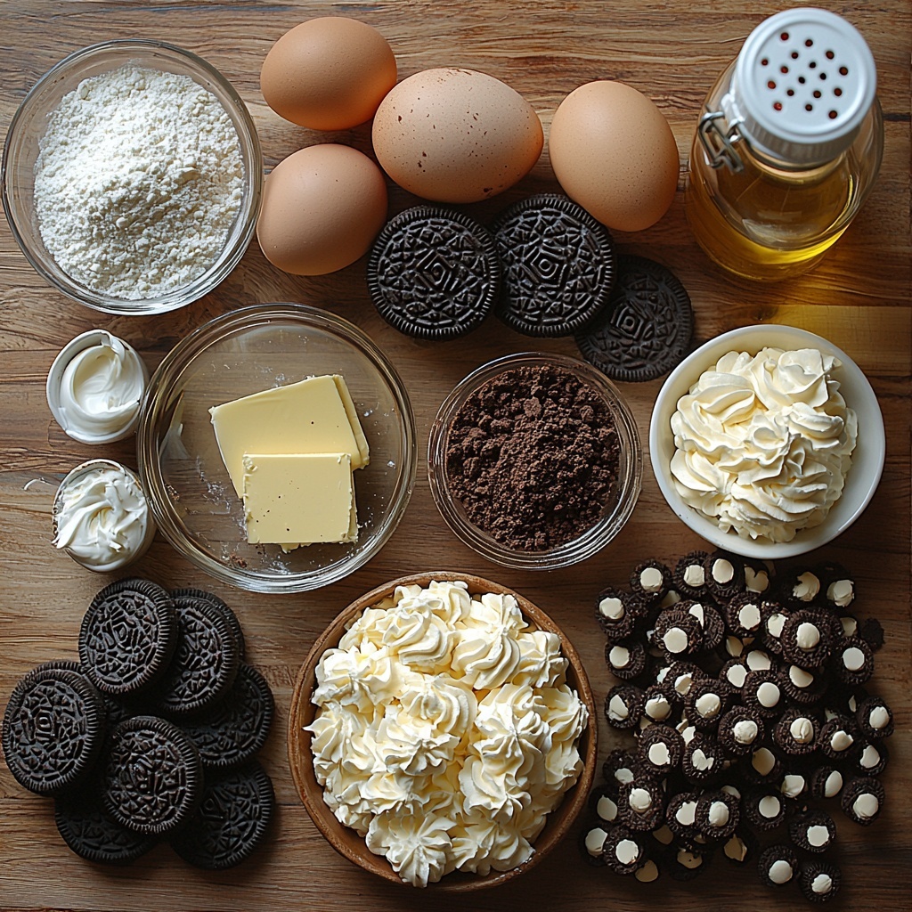 Oreo crumbs in a small glass bowl with a silver spoon, small dish of melted golden butter, block and slices of smooth cream cheese, a white bowl filled with granulated white sugar, a ceramic bowl of creamy sour cream, glass bottle of vanilla extract with a cork stopper, four large brown eggs arranged neatly, small bowl of cocoa powder with deep rich brown color, clear bowl of vegetable oil with glossy yellow sheen, tiny dish of white vinegar, measuring cup with pale buttermilk, heap of off-white all-purpose flour on parchment paper, small pile of baking soda powder, vivid red food coloring in a small glass dish, fluffy whipped cream dollop on a white ceramic spoon, colorful festive rainbow sprinkles scattered casually, whole Oreo cookies stacked and some halved showing creamy filling—all items placed on a clean, light wooden surface with natural soft lighting and subtle shadows enhancing textures. Overhead shot, top down view, flat lay photography, professional food styling --ar 1:1 --q 2 --s 750 --v 6.1