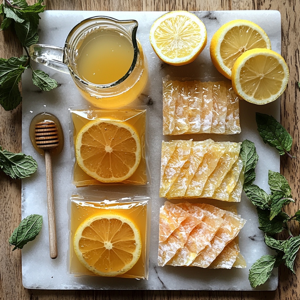 four ounces clear water in a small glass pitcher, a bag of peach herbal tea with soft beige and pale orange tones, a bag of citrus mint green tea featuring green and yellow hues, two teaspoons of golden honey in a small rustic wooden spoon, one cup of pale yellow lemonade in a clear glass with condensation droplets, a fresh bright yellow lemon slice with visible texture of rind and pulp, all arranged neatly on a clean white marble surface with natural soft daylight illuminating from the side creating gentle shadows, subtle green mint leaves scattered carefully for a fresh pop of color, minimalistic and elegant styling emphasizing textures of tea bags and liquid, overhead shot, top down view, flat lay photography, professional food styling --ar 1:1 --q 2 --s 750 --v 6.1