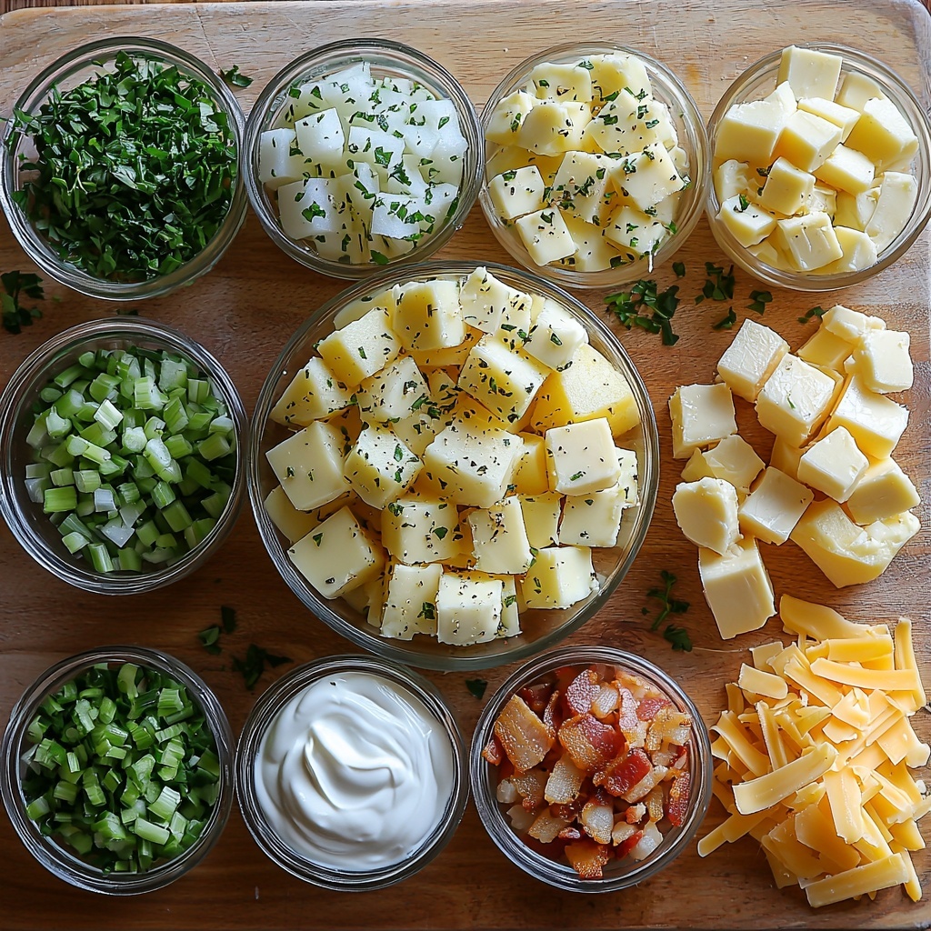 Yukon gold potatoes peeled and diced into golden cubes, medium sweet onion chopped into small white and purple pieces, minced garlic cloves with creamy white texture, two stalks of bright green diced celery, four tablespoons of glossy unsalted butter blocks, fresh bright green chopped parsley, small heap of pale yellow mustard powder, teaspoon of dried thyme with muted green leaves, clear glass bowl of rich golden chicken broth, small white bowl of thick cream, white cornstarch powder in a tiny dish, half cup smooth sour cream in a white ramekin, shredded sharp orange cheddar cheese loosely piled, crisp cooked crumbled bacon with reddish-brown hues, sliced fresh chives with vivid green color, chopped green onions showcasing fresh light green and white layers, all neatly arranged on a clean, light wooden surface with soft natural light highlighting textures and colors, minimal shadows, a few fresh parsley sprigs and cheese curls artfully scattered for contrast, emphasizing freshness and rustic comfort, overhead shot, top down view, flat lay photography, professional food styling --ar 1:1 --q 2 --s 750 --v 6.1