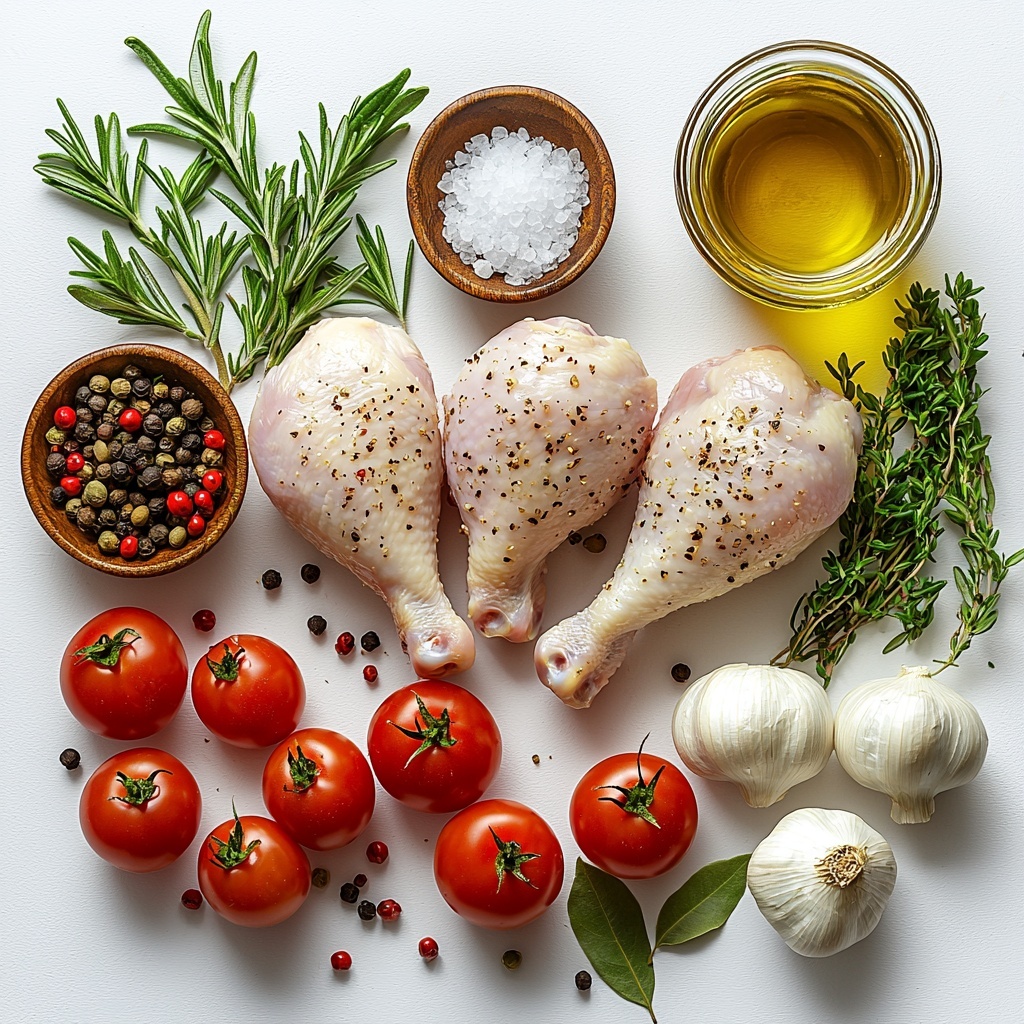 a clean white surface with six raw whole chicken legs (drumstick and thigh), pale pink with smooth skin, arranged neatly in a semi-circle; surrounded by fresh herb sprigs of vibrant green rosemary and thyme, three rosemary sprigs and five thyme sprigs fanned out artistically; scattered around are 5-10 peeled garlic cloves, off-white and slightly glossy; two dry bay leaves with muted olive green color placed delicately nearby; a small rustic bowl filled with coarse white salt and black peppercorns close to the chicken; a cluster of bright red cherry tomatoes with smooth shiny skin grouped together; a clear glass jug filled with golden olive oil catching light, with a few oil droplets softly shimmering on the surface; all ingredients spaced evenly on the clean surface with subtle shadows and natural light highlighting textures and freshness, minimal props, styled in a balanced and inviting composition overhead shot, top down view, flat lay photography, professional food styling --ar 1:1 --q 2 --s 750 --v 6.1