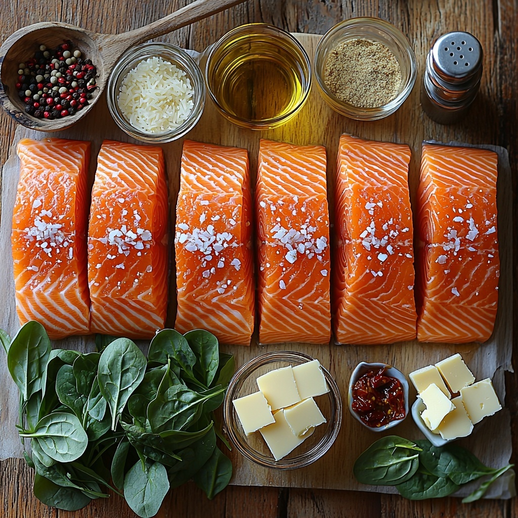 Tuscan salmon recipe ingredients artfully arranged on a clean, light wooden surface: a fresh, raw salmon fillet with vibrant pink-orange flesh, sprinkled lightly with sea salt crystals and paprika powder; small glass ramekins of golden olive oil and soft yellow butter; a minced shallot heap with translucent white and purple tones; finely chopped garlic cloves on a small white dish; a small clear glass of pale white wine; a neat pile of uncooked orzo pasta, tiny golden rice-shaped grains with a smooth texture; a bright yellow lemon wedge beside a small glass bowl of fresh lemon juice; a shallow bowl with rich golden chicken stock; a pinch of vibrant turmeric powder in a tiny wooden spoon; a fresh bundle of deep green baby spinach leaves showing clear veins; a small dish with thin slivers of dark red sun-dried tomatoes; a heap of finely grated off-white Parmesan cheese; and a glass pepper grinder partially filled with freshly cracked black peppercorns. The ingredients are spaced evenly with soft natural light casting gentle shadows, creating contrast between textures and colors. The composition is clean, minimalist, and inviting, styled with rustic props such as a linen napkin and a wooden spoon placed partially in frame for warmth. Overhead shot, top down view, flat lay photography, professional food styling --ar 1:1 --q 2 --s 750 --v 6.1