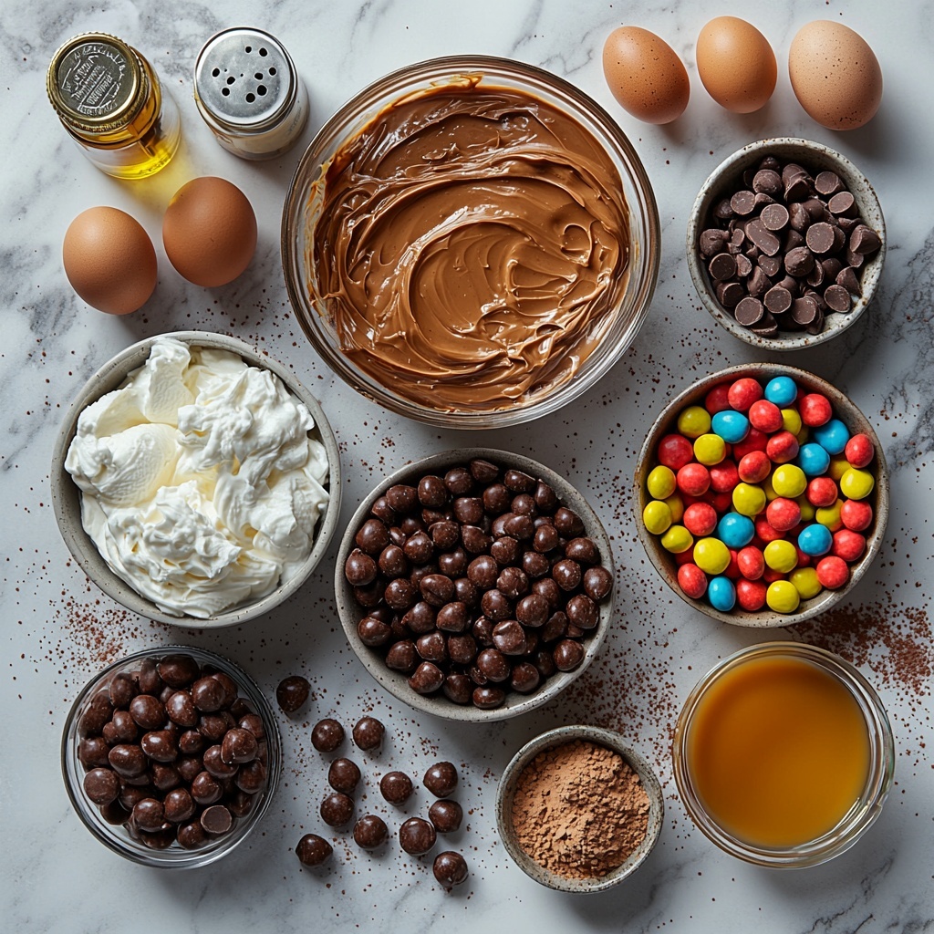 Chocolate cake mix box with small eggs, a bottle of oil, and a glass of water nearby; a bowl of creamy melted peanut butter with a smooth glossy texture; a can of sweetened condensed milk with shiny silver lid; a small box of instant vanilla pudding mix; a glass measuring cup filled with room temperature whole milk, showing soft creaminess; a bowl of softened cream cheese with a fluffy texture; a small bowl of powdered sugar dusted lightly around it; a bowl of heavy whipping cream with gentle peaks; a small bottle of vanilla extract with amber liquid inside; a few tablespoons of melted creamy peanut butter for garnish in a small dish; chopped Reese’s Cups pieces scattered artistically on the surface; colorful Reese’s Pieces candies loosely arranged next to the ingredients. All items are arranged neatly on a clean white marble countertop with natural soft lighting, subtle shadows adding depth, and a few sprinkles of cocoa powder for contrast. Overhead shot, top down view, flat lay photography, professional food styling --ar 1:1 --q 2 --s 750 --v 6.1