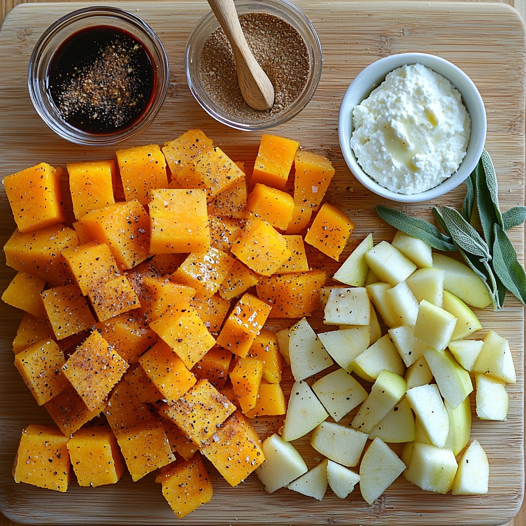 butternut squash diced in small cubes, bright orange with smooth edges; crisp diced apples with pale yellow and red skin pieces; small glass bowl of golden olive oil; a heap of ground cinnamon, nutmeg, allspice, and cloves in separate small spoons showing warm brown and beige powder textures; kosher salt crystals and coarse black peppercorns scattered lightly; rustic slices of crusty French bread with airy texture; creamy white ricotta cheese in a small white ramekin with soft, fluffy texture; fresh minced garlic cloves, finely chopped, pure white; bright green chopped fresh sage leaves, slightly curled edges; glossy dark balsamic reduction drizzled artistically on a white ceramic plate; all ingredients carefully arranged on a clean light wood surface with natural daylight, subtle shadows enhancing textures, arranged symmetrically with space between items for clarity, styled for an inviting, warm autumnal feel overhead shot, top down view, flat lay photography, professional food styling --ar 1:1 --q 2 --s 750 --v 6.1