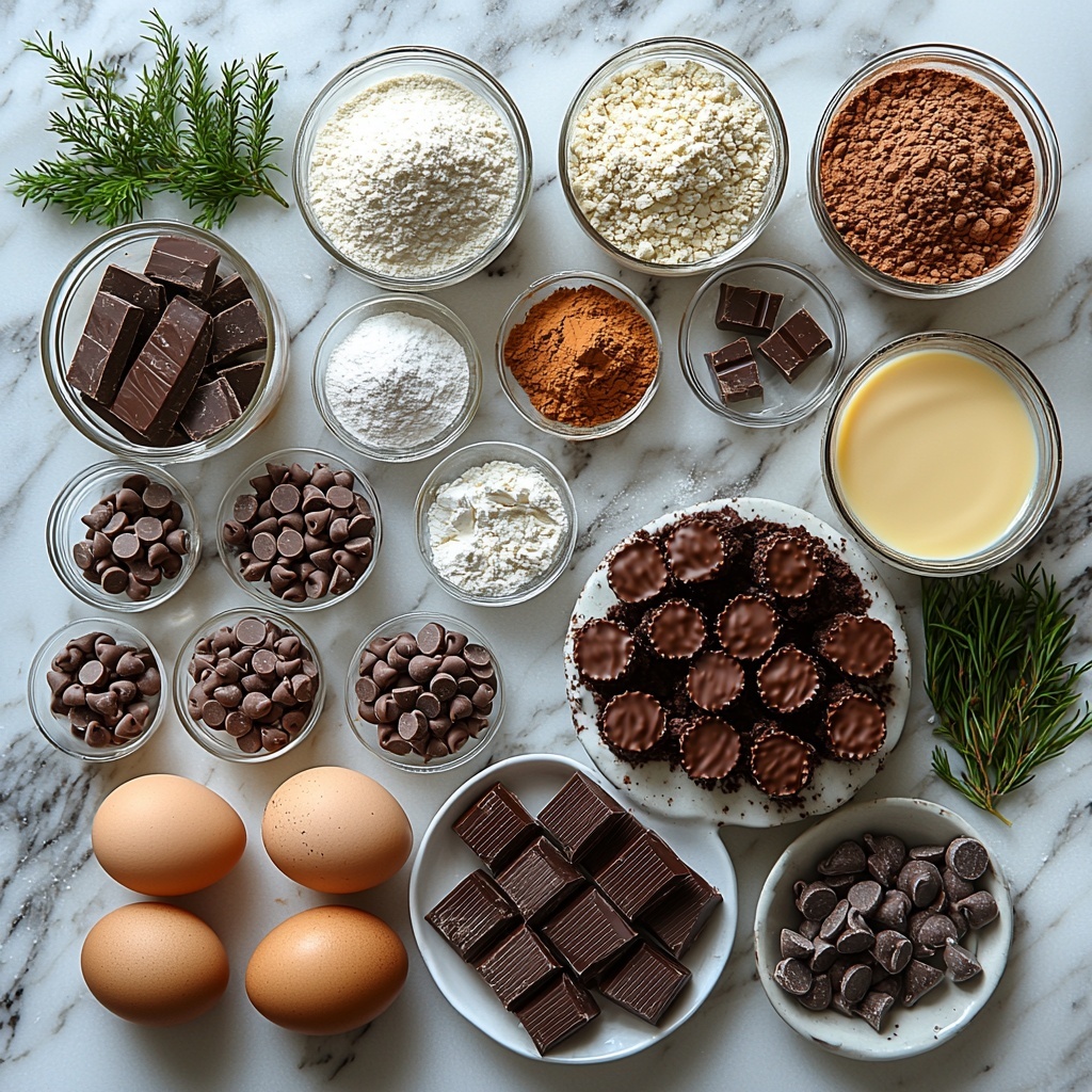 a clean bright surface with all main ingredients for a peanut butter cup chocolate roll neatly arranged in a flat lay: a small mound of all-purpose flour with fine white powder texture, a shallow dish of rich dark unsweetened cocoa powder with velvety matte finish, a tiny heap of white baking powder, a pinch of fine salt crystals, four large brown eggs with smooth shells, a clear bowl of granulated sugar sparkling like tiny crystals, a small glass container with glossy golden vegetable oil, a tiny glass bowl with amber vanilla extract, a cup of creamy light tan peanut butter with a smooth spreadable texture, a small bowl of powdered sugar resembling soft snow, two small glass bowls of heavy cream with silky white liquid, a small bowl of milk with smooth pale liquid, a rustic bowl filled with chopped peanut butter cups showing textured peanut butter centers and glossy chocolate shells, a white bowl filled with shiny semi-sweet chocolate chips scattered like little black drops — all ingredients spaced evenly with natural daylight casting soft shadows, subtle sprigs of fresh greenery for contrast, neutral linen napkin partially visible, minimalistic and airy composition, emphasizing natural textures and warm tones, overhead shot, top down view, flat lay photography, professional food styling --ar 1:1 --q 2 --s 750 --v 6.1