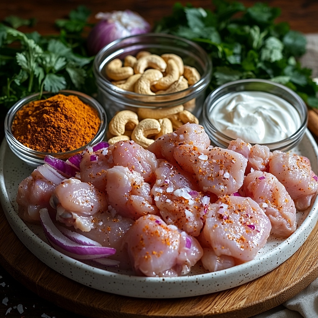 Chicken thighs (boneless, skinless) raw, plump and pale pink, arranged neatly on a white ceramic plate; two medium onions thinly sliced into delicate rings, pale purple and white, scattered loosely nearby; four garlic cloves peeled, small and smooth with off-white color; fresh ginger root grated into fine golden strands on a small wooden bowl; a cup of creamy plain yogurt in a glass bowl showing rich white texture; soaked cashews plump and creamy off-white in a small rustic bowl; a quarter cup of heavy cream in a glass measuring cup, glossy and thick; three tablespoons of golden vegetable oil or ghee in a shallow dish catching the light; single cinnamon stick, deep brown and textured, next to four vibrant green cardamom pods and three dark brown cloves arranged artistically; small piles of golden yellow turmeric powder, warm brown coriander powder, rich amber cumin powder, and earthy garam masala, each in tiny bowls or neatly scooped onto natural wood cutting board; a small pile of coarse salt crystals sparkling gently; fresh vibrant green cilantro leaves loosely scattered around for contrast; all ingredients laid out on a clean, bright, warm-toned wooden surface, natural daylight illuminating soft textures and vibrant colors, minimal shadows, subtle rustic props like linen cloth edge, understated natural styling emphasizing freshness and variety, overhead shot, top down view, flat lay photography, professional food styling --ar 1:1 --q 2 --s 750 --v 6.1