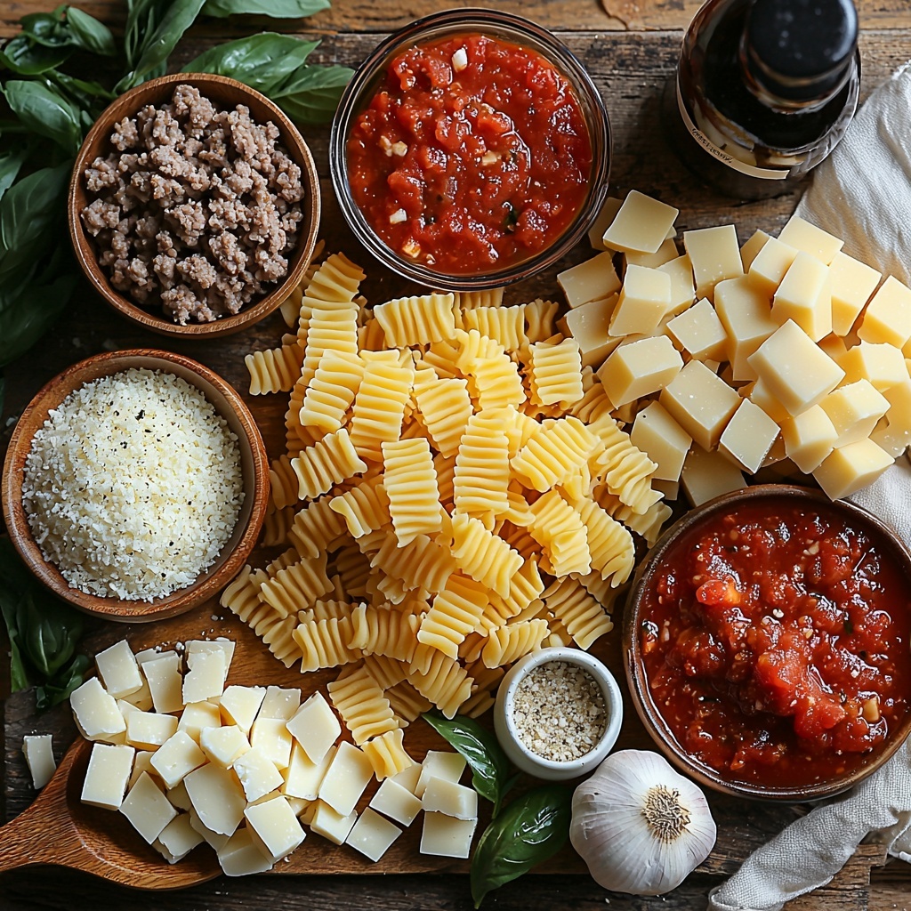 /Imagine a vibrant flat lay of the main ingredients for a comforting one pot lasagna soup, arranged artfully on a clean, light wooden surface. Centered are broken pieces of uncooked golden-yellow lasagna noodles, scattered organically. Nearby, a rustic mound of lean ground beef with deep red tones rests next to a small bowl of Italian sausage with a slightly marbled texture. A bright yellow diced onion and a cluster of peeled garlic cloves with their papery white skins intact create contrast. Small bowls hold richly red Prego Traditional Italian sauce and crushed tomatoes, their glossy surfaces inviting. Next to them, a smooth dollop of deep red tomato paste sits in a white ceramic spoon. Sprinkled herbs — dried basil, parsley, oregano — dust a small wooden dish, accompanied by a heap of granulated white sugar, coarse black pepper, and flaky salt. A single whole bay leaf adds an earthy green accent. A small glass bowl of golden to amber chicken broth gleams nearby. Fresh dairy components include creamy white ricotta cheese in a rustic bowl, shredded mozzarella with a soft texture, and finely grated Parmesan cheese with a snowy powdery look. A slender bottle or small bowl of dark reddish-brown balsamic vinegar adds depth. The composition is enhanced by natural soft daylight from one side, casting gentle shadows to emphasize textures and colors. Minimal props like a wooden spoon and linen napkin add warmth and context without cluttering. The overall mood is rustic yet bright, highlighting freshness and rich flavors. Overhead shot, top down view, flat lay photography, professional food styling --ar 1:1 --q 2 --s 750 --v 6.1