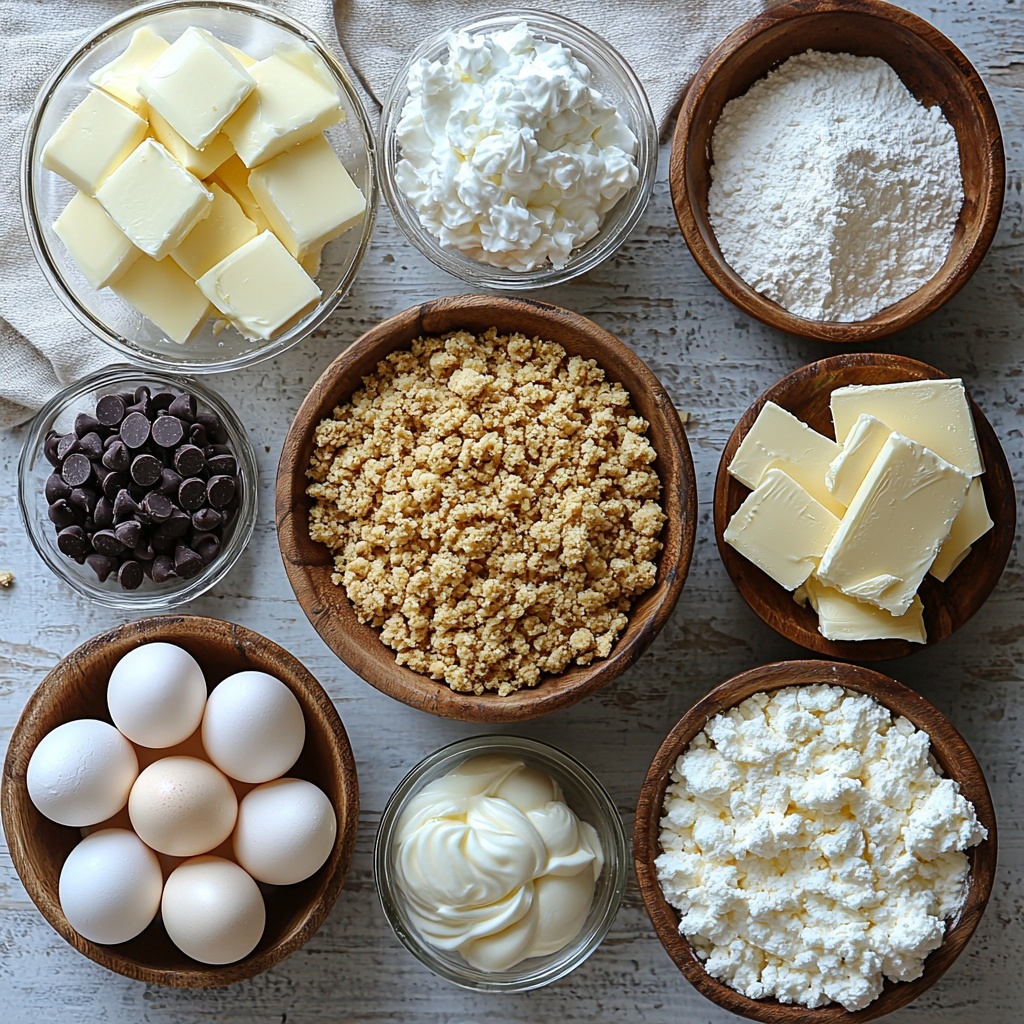 2 cups golden graham cracker crumbs in a small rustic bowl, melted golden yellow unsalted butter in a glass measuring cup, three blocks of smooth, creamy white cream cheese, a small pile of fine white granulated sugar, a tiny glass dish with translucent vanilla extract, three large fresh eggs with pale brown shells, a dollop of thick white sour cream in a ceramic bowl; softened pale yellow unsalted butter, mounds of soft packed dark brown sugar and light golden granulated sugar side by side, a small clear bowl of rich amber vanilla extract, heap of fine white all-purpose flour, scattered glossy dark chocolate chips, a small splash of creamy milk in a white ceramic spoon, and a pinch of fine white salt crystals on a clean bright white matte surface; all ingredients carefully spaced in a balanced, harmonious layout with natural soft daylight from the side, subtle shadows adding depth, minimal rustic props and light linen textiles to enhance texture contrast, emphasizing the variety of neutral and warm tones and smooth to granular textures; overhead shot, top down view, flat lay photography, professional food styling --ar 1:1 --q 2 --s 750 --v 6.1