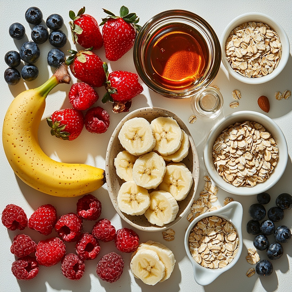 A clean, bright white surface featuring a neatly arranged flat lay of Banana Oatmeal Pancake ingredients: a small glass measuring cup filled with creamy unsweetened almond milk; two whole brown eggs and one separated clear egg white in a small glass bowl; a ripe yellow banana beside several fresh banana slices fanned out on a white ceramic plate; a small wooden bowl overflowing with light beige rolled oats scattered slightly around it; a tiny white dish holding golden amber real maple syrup; a white ramekin with glossy dark chocolate chips; a small bowl of mixed fresh berries including strawberries, blueberries, and raspberries adding pops of red, blue, and purple; a tiny white spoon with a heap of pale sliced almonds; scattered specks of white baking powder and a small pinch of salt in mini porcelain spoons; a glass vial of rich brown vanilla extract with a dropper. The textures range from smooth (banana, syrup) to rough and grainy (rolled oats, sliced almonds), with vibrant natural colors and subtle shadows cast by soft, diffused daylight. The ingredients are thoughtfully spaced to create balance and visual interest, with warm tones from the eggs and banana contrasted by the cool colors of the berries and white backdrop. Overhead shot, top down view, flat lay photography, professional food styling --ar 1:1 --q 2 --s 750 --v 6.1