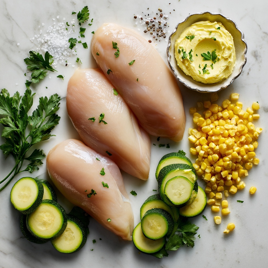 4 boneless skinless chicken breasts raw, plump and pale pink with smooth texture; 4 tablespoons creamy golden garlic butter in a small vintage dish; 2 medium zucchinis sliced into thin green rounds showing bright light green flesh and dark green skin; 1 cup fresh yellow corn kernels loose and scattered; coarse salt and cracked black pepper sprinkled artfully; fresh bright green parsley sprigs with delicate leaves; all ingredients neatly arranged on a clean white marble surface, balanced composition with contrasting colors, some ingredients overlapping slightly for natural feel, soft natural light highlighting textures and freshness, subtle shadows for depth, minimalistic and elegant styling, crisp and vibrant colors, overhead shot, top down view, flat lay photography, professional food styling --ar 1:1 --q 2 --s 750 --v 6.1