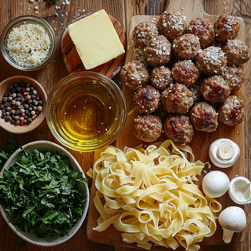 Wide egg noodles uncooked, golden yellow tangled loosely; small glass bowl of olive oil, rich amber color with reflective surface; plate of fully cooked meatballs, browned and juicy, clustered together; pat of creamy butter on a rustic wooden board; sliced cremini mushrooms, earthy brown with creamy gills visible, scattered lightly; elegant clear glass measuring cup half filled with pale straw-colored dry white wine; small ceramic bowl with deep brown low sodium beef broth; spoonful of smooth Dijon mustard, vibrant yellow, on ceramic spoon; tiny dish with dark Worcestershire sauce glistening; heap of mixed Italian seasoning herbs—green and dried; small piles of bright red paprika powder and off-white garlic powder on white porcelain spoons; pinches of coarse salt crystals and cracked black peppercorns; small glass bowl of thick, white heavy whipping cream; another bowl of creamy off-white sour cream with silky texture; freshly chopped Italian parsley, bright green, sprinkled gently on the surface; all items meticulously spaced on a clean, light wooden background with soft natural light casting delicate shadows, emphasizing textures and warm tones, styled with minimal rustic props like linen napkin edges and wooden spoons for an inviting, cozy kitchen feel—overhead shot, top down view, flat lay photography, professional food styling --ar 1:1 --q 2 --s 750 --v 6.1
