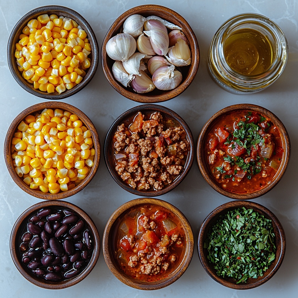 /Imagine prompt: A clean white surface with all the ingredients for a high protein taco soup beautifully arranged in a balanced flat lay. Small wooden bowls hold black beans and pinto beans, showcasing their glossy, smooth textures in deep black and warm beige tones. Nearby, a clear glass bowl displays thawed yellow corn kernels, bright and plump. A small pile of ground beef, raw and richly marbled, rests beside a neatly chopped medium onion with its white and purple layers visible. Fresh garlic cloves, peeled and minced, lie in a small ceramic dish. A can of diced tomatoes with green chiles is open next to a carton of rich, dark beef broth. Small dishes contain vibrant red paprika, dark brown chili powder, ground cumin, and coarse black pepper, their powders adding bursts of warm, earthy colors. A small glass jar of golden olive oil completes the arrangement. The lighting is soft and natural, casting gentle shadows to emphasize textures and colors. The composition is neatly spaced, showing every ingredient clearly with slight overlaps for a harmonious, inviting look. Overhead shot, top down view, flat lay photography, professional food styling --ar 1:1 --q 2 --s 750 --v 6.1