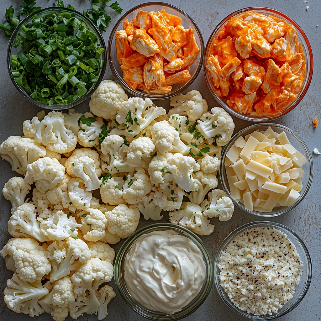A bright and clean flat lay of ingredients for creamy buffalo chicken cauliflower casserole, arranged on a smooth white surface. Fresh cauliflower florets clustered in one corner showing their creamy white color and delicate texture. Next to them, shredded cooked chicken breast piled loosely, showcasing moist, tender, slightly fibrous texture with a light golden hue. A small glass bowl of vibrant orange-red buffalo sauce with glossy, smooth surface. Nearby, a small bowl of creamy ranch dressing with a rich white color and smooth, thick texture. Two neat piles of shredded cheeses – sharp cheddar in bright golden yellow and mozzarella in soft white, both fluffy and finely shredded. A bunch of chopped green onions with vivid green and white sections spread artistically. Fresh parsley or chive sprigs with deep green leaves placed gently for garnish accent. A small salt and pepper bowl with grains and cracked pepper for seasoning detail. Soft natural light casting subtle shadows to highlight textures and colors, minimalist style with focus on freshness and ingredient quality. overhead shot, top down view, flat lay photography, professional food styling --ar 1:1 --q 2 --s 750 --v 6.1