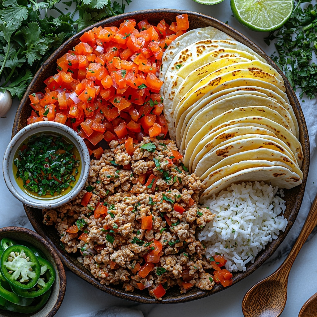 avocado oil in a small glass bowl, raw ground chicken in a rustic ceramic bowl, chopped red bell pepper piled neatly on a white plate, finely chopped white onion in a small wooden bowl, fresh sliced jalapeño peppers arranged on a small dish, small spoons with garlic powder, chili powder, kosher salt, and ground cumin each in separate tiny white bowls, a bowl of fluffy cooked white rice, vibrant green salsa verde in a bright ceramic bowl, smoky chipotle sauce in a small dipping bowl, two piles of shredded cheddar and Monterey Jack cheese side by side on parchment paper, four extra large flour tortillas fanned out on a clean white marble surface, natural light highlighting the vivid reds, whites, greens, and yellows, textures ranging from smooth sauces and soft cheese to coarse chopped vegetables, all ingredients spaced evenly with subtle shadows for depth, garnished with sprigs of fresh cilantro and a few lime wedges for color contrast, styled with minimal rustic props like linen napkins and wooden spoons, overhead shot, top down view, flat lay photography, professional food styling --ar 1:1 --q 2 --s 750 --v 6.1