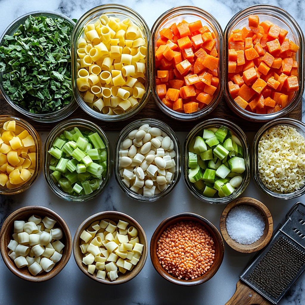 A clean white marble surface neatly arranged with the main ingredients for minestrone soup: a small glass bowl of golden olive oil, a medium yellow onion roughly chopped showing its layers, three peeled garlic cloves next to a small pile of minced garlic, two bright green celery ribs chopped into crisp pieces, two vibrant orange carrots peeled and sliced, a clear measuring cup filled with deep amber vegetable broth, an opened can with rich red crushed tomatoes spilling slightly beside it, an open can with glossy dark red kidney beans drained and separated, another can with pale white beans drained and glistening, a small bowl of fresh chopped green beans, a medium zucchini chopped into green and white cubes, a small wooden spoon filled with Italian seasoning herbs, a tiny heap of white granulated sugar, a small mound of uncooked small pasta (elbow macaroni and shells), sea salt and cracked black pepper scattered artfully in small piles, and a rustic grater next to a pile of finely grated pale yellow parmesan cheese. The ingredients are spaced with soft natural daylight highlighting the vibrant colors and varied textures — shiny beans, rough chopped vegetables, coarse seasoning, smooth liquids — all styled with minimalistic ceramic bowls and wooden utensils, creating a warm, inviting composition. Overhead shot, top down view, flat lay photography, professional food styling --ar 1:1 --q 2 --s 750 --v 6.1