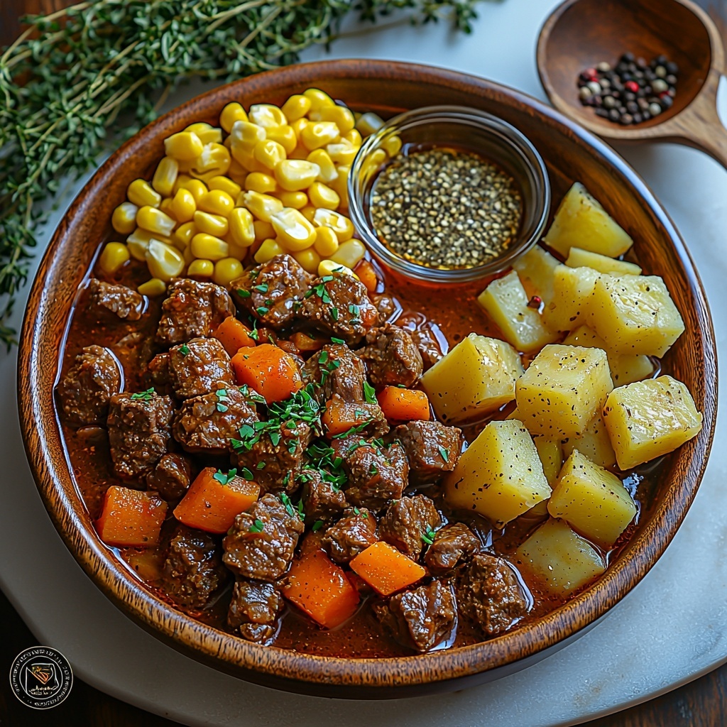 1 pound diced beef stew meat, 1/2 teaspoon garlic powder in a small bowl, 1/2 medium yellow onion diced, 2 celery stalks diced, 1 cup diced carrots, small dish with cooking oil, 4 1/2 cups beef broth in a clear measuring cup, 1/2 teaspoon dried oregano sprinkled on parchment, salt and pepper in small rustic salt and pepper bowls, 2 cups frozen corn kernels on a white ceramic plate, 1 cup frozen green beans neatly arranged, 2 cups diced potatoes in a wooden bowl, 1 can diced tomatoes with vibrant red juice, single fresh bay leaf placed on a wooden spoon; all ingredients carefully arranged on a clean white marble surface with soft natural light highlighting the textures – beef showing rich marbling and deep red color, vibrant orange carrots, crisp green celery and beans, bright yellow corn, glossy red tomatoes and earthy beige potatoes; minimalist styling with natural wood props and subtle linen fabric edges visible, emphasizing freshness and homely rustic charm, sharp focus with gentle shadows for depth, overhead shot, top down view, flat lay photography, professional food styling --ar 1:1 --q 2 --s 750 --v 6.1
