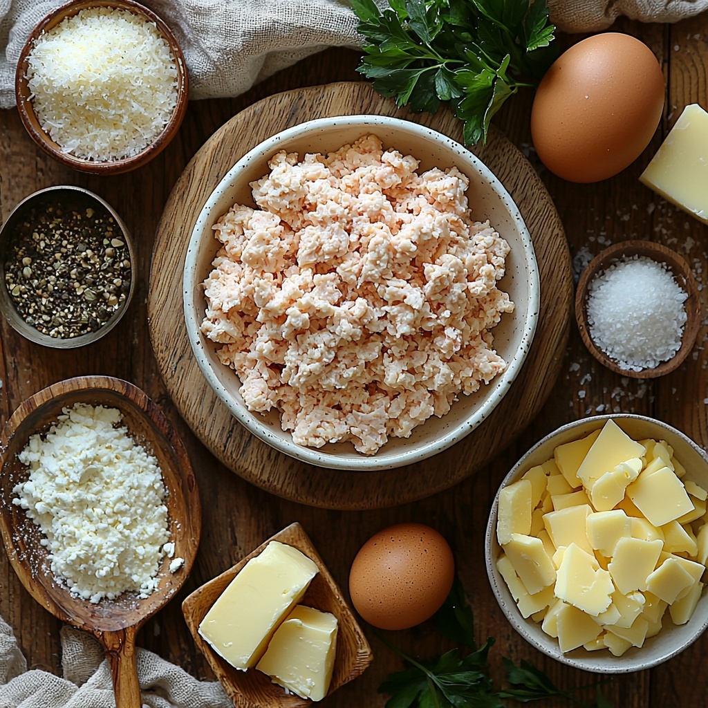 500g ground chicken in a small glass bowl with smooth, pale pink texture; a fresh whole egg with a warm brown shell; a rustic white ceramic bowl filled with golden, coarse panko breadcrumbs; a small heap of finely grated Parmesan cheese with a pale ivory color on a wooden board; two cloves of garlic, peeled and finely minced, bright white with slight moisture; a small bunch of vibrant green fresh parsley leaves, some chopped and scattered nearby; a small wooden spoon holding onion powder in soft beige powder form; a tiny ceramic dish with deep red paprika powder; salt crystals in a small white porcelain dish, sparkling white; a small bowl of freshly ground black pepper with fine dark speckles; a square pat of creamy pale yellow unsalted butter on a slate coaster; a small mound of all-purpose flour, fluffy and white, on a clean linen napkin; a glass measuring cup filled with smooth, white milk; a bowl with ¾ cup grated Parmesan cheese, finely textured pale yellow; a small pile of shredded mozzarella cheese, soft and slightly stringy off-white; and a tiny pinch of warm brown nutmeg powder on a delicate silver spoon. All ingredients are carefully spaced and arranged on a clean, light wood surface with natural diffused sunlight casting soft shadows, styled with minimalist props like linen cloth, a vintage wooden spoon, and fresh parsley sprigs for color contrast. The scene emphasizes natural textures and fresh colors, inviting and crisp, overhead shot, top down view, flat lay photography, professional food styling --ar 1:1 --q 2 --s 750 --v 6.1