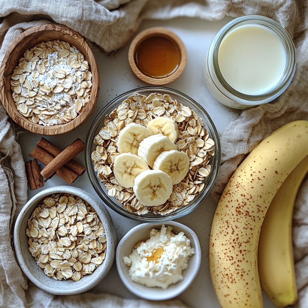 Rolled oats in a small rustic bowl showing their light beige, flaky texture; a glass jar of creamy white milk nearby; a small wooden scoop filled with pale beige protein powder; a tiny clear glass bowl with golden amber maple syrup glistening under soft light; a small dish of warm brown ground cinnamon powder with fine texture; a delicate glass bottle of vanilla extract with a dark brown liquid inside; a pinch of coarse sea salt displayed on a minimalist white ceramic spoon; a small wedge of fresh lemon with bright yellow rind and juicy pulp placed next to a subtle splash of lemon juice on a clean white surface. All ingredients arranged neatly with natural shadows, airy and bright background enhancing the warm, earthy colors and varied textures, styled with minimalistic props and fresh linen cloth for an inviting, wholesome aesthetic. overhead shot, top down view, flat lay photography, professional food styling --ar 1:1 --q 2 --s 750 --v 6.1