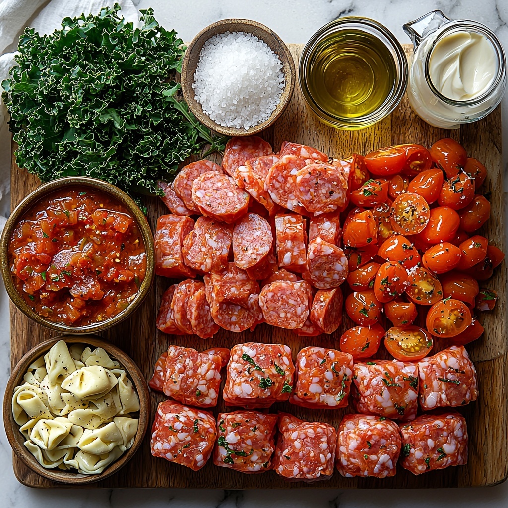 Smoked sausage slices, minced medium onion, olive oil in a small glass bowl, minced garlic cloves, bright red tomato paste dollop on a wooden spoon, dried oregano sprinkled in a small ceramic dish, whole bay leaf, rich golden chicken stock in a clear measuring cup, petite diced tomatoes in a rustic bowl, coarse kosher salt crystals in a tiny white bowl, fresh vibrant green kale strips, uncooked cheese tortellini with their tender pasta folds, creamy heavy cream in a small glass pitcher, thin shavings of pale parmesan cheese on crinkled parchment paper, all meticulously arranged on a clean white marble surface. The ingredients are spaced evenly with natural light casting soft shadows, enhancing the varied textures from the glossy olive oil to the rough kale leaves and smooth tortellini. Subtle rustic props like a wooden spoon and a linen napkin add warmth and contrast to the bright colors and fresh ingredients. Overhead shot, top down view, flat lay photography, professional food styling --ar 1:1 --q 2 --s 750 --v 6.1