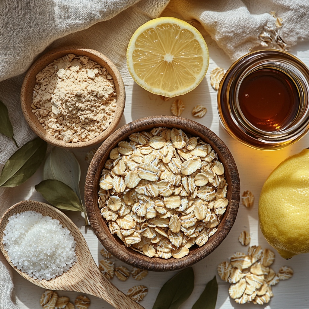 Rolled oats in a small glass bowl with visible grainy texture, half a medium ripe banana peeled and sliced showing soft yellow flesh, a clear glass of milk with a smooth white surface, a fresh whole egg with a smooth brown shell, two tablespoons of creamy white cream cheese in a small white ceramic dish, a small wooden spoon dripping golden maple syrup, a tiny glass jar of amber maple syrup, a small white bowl containing fine light brown cinnamon powder, a pinch of salt crystals scattered delicately on a white ceramic spoon, a tablespoon of golden-brown soft brown sugar in a rustic wooden scoop, all carefully arranged on a clean bright white surface with subtle natural light casting soft shadows, minimalistic styling with neutral linen napkin and delicate sprigs of cinnamon sticks and whole nutmeg adding warm tones, textures contrasting from creamy to grainy, overhead shot, top down view, flat lay photography, professional food styling --ar 1:1 --q 2 --s 750 --v 6.1