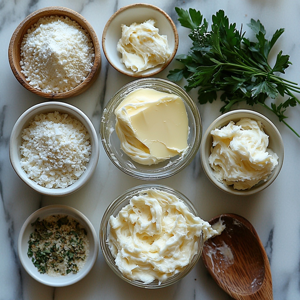 A clean white marble surface with all main ingredients for Garlic Parmesan Knots artfully arranged: a small glass bowl of melted golden butter shimmering under soft light; a rustic wooden spoon resting beside a small white ramekin filled with freshly grated pale yellow Parmesan cheese; a trio of tiny white ceramic bowls each containing finely textured garlic powder (off-white), dried oregano and dried parsley flakes (various shades of muted green), and a pinch of fine white sea salt; a neatly unrolled 16-ounce tube of pale, soft buttermilk biscuit dough showcasing its smooth, slightly glossy texture; delicate sprigs of fresh green parsley placed casually nearby for a pop of color; small measuring spoons with traces of herbs hinting at recent use. The arrangement balances warm buttery hues with fresh herb greens and neutral whites, enhanced by natural daylight that casts soft shadows and highlights texture. Overhead shot, top down view, flat lay photography, professional food styling --ar 1:1 --q 2 --s 750 --v 6.1