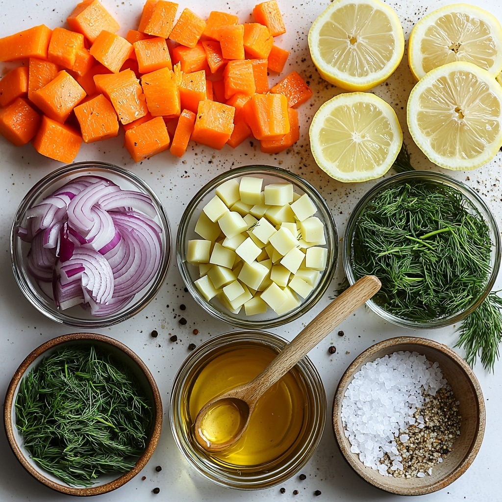 A clean white surface neatly arranged with ingredients for an easy orzo, leek, and dill soup: a small glass bowl of golden olive oil with a drizzle spoon, finely chopped vibrant deep purple red onion, minced pale yellow garlic cloves, bright orange diced carrot cubes, fresh chopped leek pieces showing white and green gradient, a small pile of light golden orzo pasta, rustic dried thyme sprigs scattered casually, a clear glass measuring cup filled with warm vegetable broth with slight steam, several fresh green dill sprigs with feathery texture, a halved bright yellow lemon showing juicy flesh, coarse sea salt crystals and cracked black peppercorns in small rustic bowls. The ingredients are spaced with natural gaps, some overlapping slightly for a natural feel, on a matte white surface. Soft natural light from the side casts gentle shadows, highlighting the colors and textures vividly. Minimalist styling with subtle earth-tone linen napkin and a wooden spoon partially visible at the frame’s edge. Overhead shot, top down view, flat lay photography, professional food styling --ar 1:1 --q 2 --s 750 --v 6.1