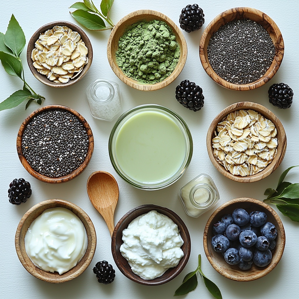 A clean white surface with a neat flat lay arrangement of the main ingredients for matcha overnight oats: a clear glass jug of creamy non-dairy milk, a small wooden bowl with golden grade A maple syrup, a tiny ceramic dish holding bright green matcha powder, a teaspoon of vanilla extract in a delicate glass vial, a pinch of salt in a rustic salt cellar, a heap of light beige quick-cooking oats spread loosely on a white linen napkin, a small transparent bowl filled with black and white chia seeds, a smooth dollop of plain unsweetened dairy-free yogurt in a shallow white bowl, and a few scattered fresh berries and slices of vibrant fruit as topping suggestions. Soft natural diffuse lighting highlights the varied textures—from the creamy milk and yogurt to the powdery matcha and rough oats—while subtle shadows add depth. The ingredients are spaced evenly with harmonious color contrast, styled with minimal props like a wooden spoon and fresh green leaves for an inviting, fresh, and wholesome feel. Overhead shot, top down view, flat lay photography, professional food styling --ar 1:1 --q 2 --s 750 --v 6.1