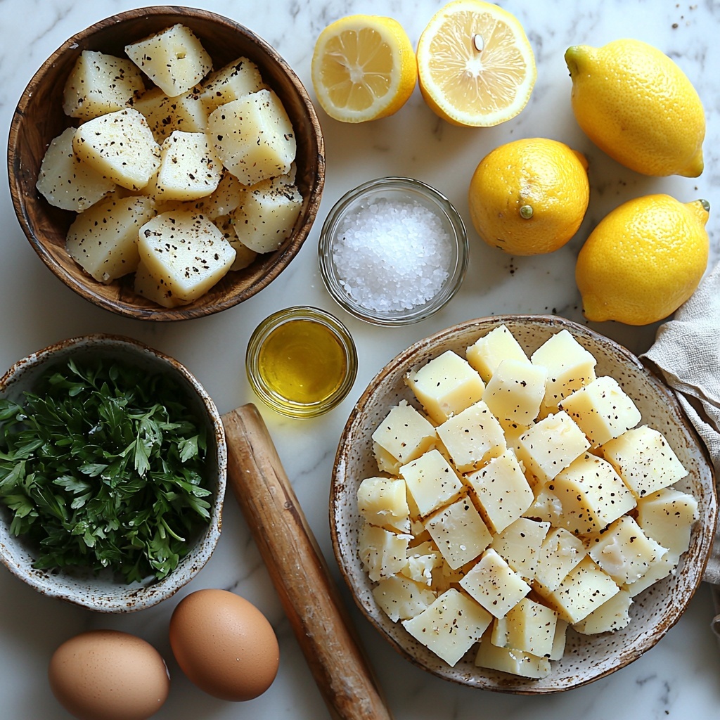 Tunisian Brik au Thon ingredients arranged on a clean white marble surface: peeled and quartered yellow potatoes in a rustic ceramic bowl, small glass dish of coarse kosher salt crystals, two tablespoons of golden extra virgin olive oil in a small clear glass pitcher, a wooden bowl filled with finely chopped bright green flat parsley leaves, several delicate sheets of pale ivory filo dough folded loosely beside a rolling pin, a small vintage tin bowl with flaky light pink tuna chunks, tiny white porcelain bowl brimming with glossy green capers, fresh whole eggs with smooth warm brown shells nestled in a wooden crate, lemon wedges with vibrant yellow rinds and juicy pulp arranged casually on a ceramic plate. The scene is softly lit with natural light casting gentle shadows to highlight textures—the flaky filo, the fluffy mashed potatoes, the shiny capers, and the fresh herbs. A clean linen napkin and a vintage silver spoon add rustic charm. overhead shot, top down view, flat lay photography, professional food styling --ar 1:1 --q 2 --s 750 --v 6.1