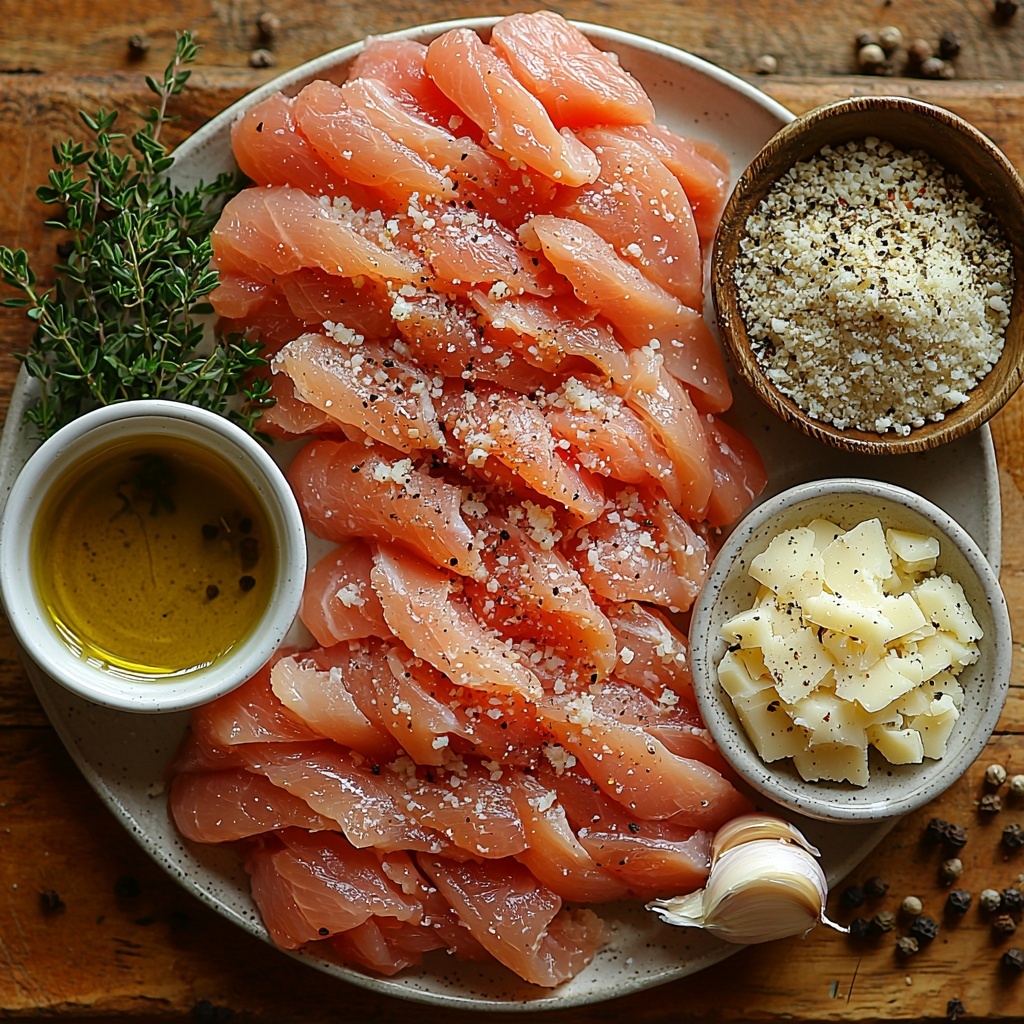 A clean, light wooden surface with ingredients neatly arranged in a balanced flat lay composition: several raw boneless, skinless chicken breast fillets sliced thin, pale pink and fresh, placed on a small white ceramic plate; a small clear bowl filled with golden olive oil glistening under soft light; peeled garlic cloves and finely minced garlic showcased on a small rustic dish; a heap of fluffy, golden panko breadcrumbs spread slightly on the surface showcasing their light, coarse texture; a small mound of finely grated parmesan cheese, off-white and crumbly, presented on a ceramic spoon; a small white bowl containing a mixture of garlic powder and Italian seasoning, displaying warm beige and green herb flecks; a vintage silver spoon with freshly ground black pepper grains scattered artistically nearby; the composition accented with subtle shadows and soft natural daylight highlighting each ingredient's unique texture and color, arranged symmetrically with space between elements to avoid clutter, evoking freshness and rustic elegance. overhead shot, top down view, flat lay photography, professional food styling --ar 1:1 --q 2 --s 750 --v 6.1
