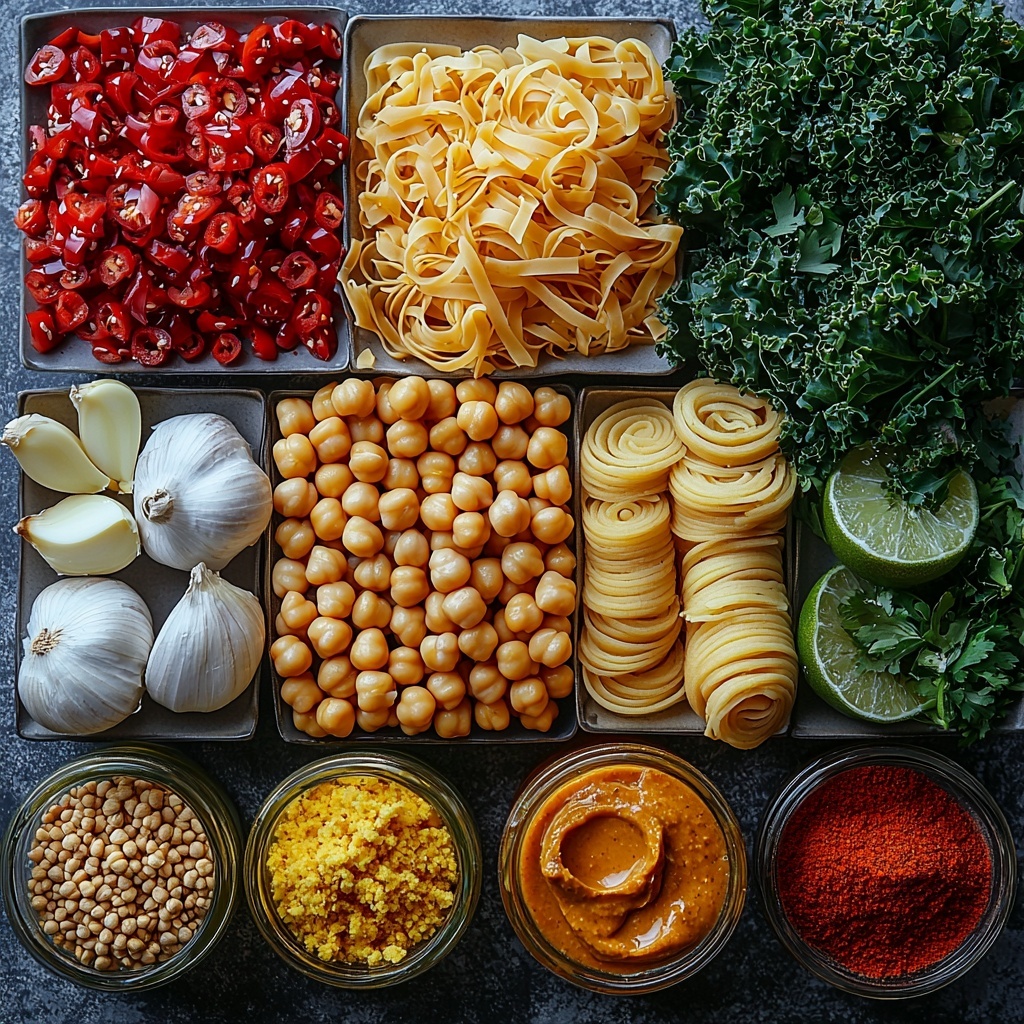Chickpeas in their shiny pale beige cans, a small bowl of rich creamy white coconut milk, glistening golden sesame oil in a clear glass jar, bright yellow sliced onion rings arranged in a neat stack, vibrant red bell pepper slices fanned out, three cloves of garlic with papery skins beside a small pile of finely minced garlic, a tiny mound of finely grated fresh ginger with a warm beige tone, small piles of turmeric powder in deep golden yellow and cracked black pepper with dark specks, a neat heap of crushed red pepper flakes adding a splash of fiery red, a scattering of rich red curry paste in a vivid crimson dollop, a clear glass container of amber vegan chicken broth, a small bowl of smooth, light tan peanut butter, two handfuls of fresh dark green chopped kale leaves, a handful of bright green chopped cilantro leaves, a fresh lime sliced in half showing juicy pale green flesh, dry pale yellow linguine noodles tied in small bundles. All ingredients arranged thoughtfully on a clean white textured surface, spaced evenly with natural light casting soft shadows to highlight the vibrant colors and varied textures, a few wooden spoons and rustic bowls included for interest, subtle green cilantro leaves sprinkled for freshness and contrast. overhead shot, top down view, flat lay photography, professional food styling --ar 1:1 --q 2 --s 750 --v 6.1