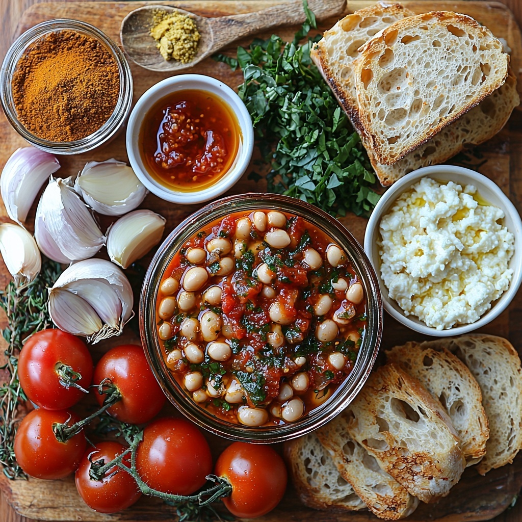 A flat lay of fresh and vibrant ingredients arranged neatly on a clean, light wooden surface. Include a glass jar of white cannellini beans with some beans spilled beside it, three glossy red plum tomatoes whole and quartered with skins partially peeled, a small bowl filled with rich red tomato puree, a small pile of finely chopped white onion, minced garlic cloves, fresh peeled and grated ginger with a fibrous texture, a finely chopped green chili with seeds visible, two small white ceramic spoons holding crushed cumin and coriander seeds showcasing their warm brown tones, a heap of paprika powder providing a deep red accent, a small bunch of bright green chopped coriander leaves scattered loosely, a mound of roughly grated mature cheddar cheese with a rich, creamy yellow color, a drizzle of golden olive oil in a small glass container, a few slices of rustic crusty bread with a crisp textured crust on the side, and a small bowl of creamy white labneh. All ingredients spaced thoughtfully with enough negative space to highlight their colors and textures, enhanced natural light casting soft shadows, minimalistic and rustic styling with a touch of warmth, capturing freshness and culinary appeal. Overhead shot, top down view, flat lay photography, professional food styling --ar 1:1 --q 2 --s 750 --v 6.1
