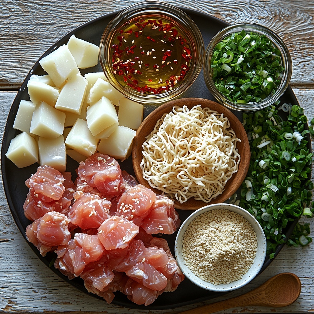 A clean white or light wooden surface neatly arranged with the main ingredients for sticky garlic chicken noodles: raw bite-sized chicken breast pieces in a small white bowl showing their pale pink texture, a small glass bowl of dark glossy soy sauce, a spoonful of golden honey dripping slightly, minced garlic cloves displaying a soft, creamy white texture, a small pile of freshly grated ginger with a fibrous, pale yellow look, a tiny heap of red chili flakes adding a vibrant pop of red, a small bowl of white cornstarch powder with its fine, powdery texture, a small glass dish of clear golden vegetable oil, a neatly coiled bundle of uncooked light beige rice noodles or pale yellow egg noodles showcasing their delicate strands, bright green chopped scallions arranged in a loose pile, and a scattering of tiny white sesame seeds on a dark ceramic plate. The ingredients are spaced evenly with natural soft daylight highlighting the contrasting colors and textures, styled with minimal props—a wooden spoon and a small linen napkin placed casually to one side to add warmth and authenticity. Overhead shot, top down view, flat lay photography, professional food styling --ar 1:1 --q 2 --s 750 --v 6.1
