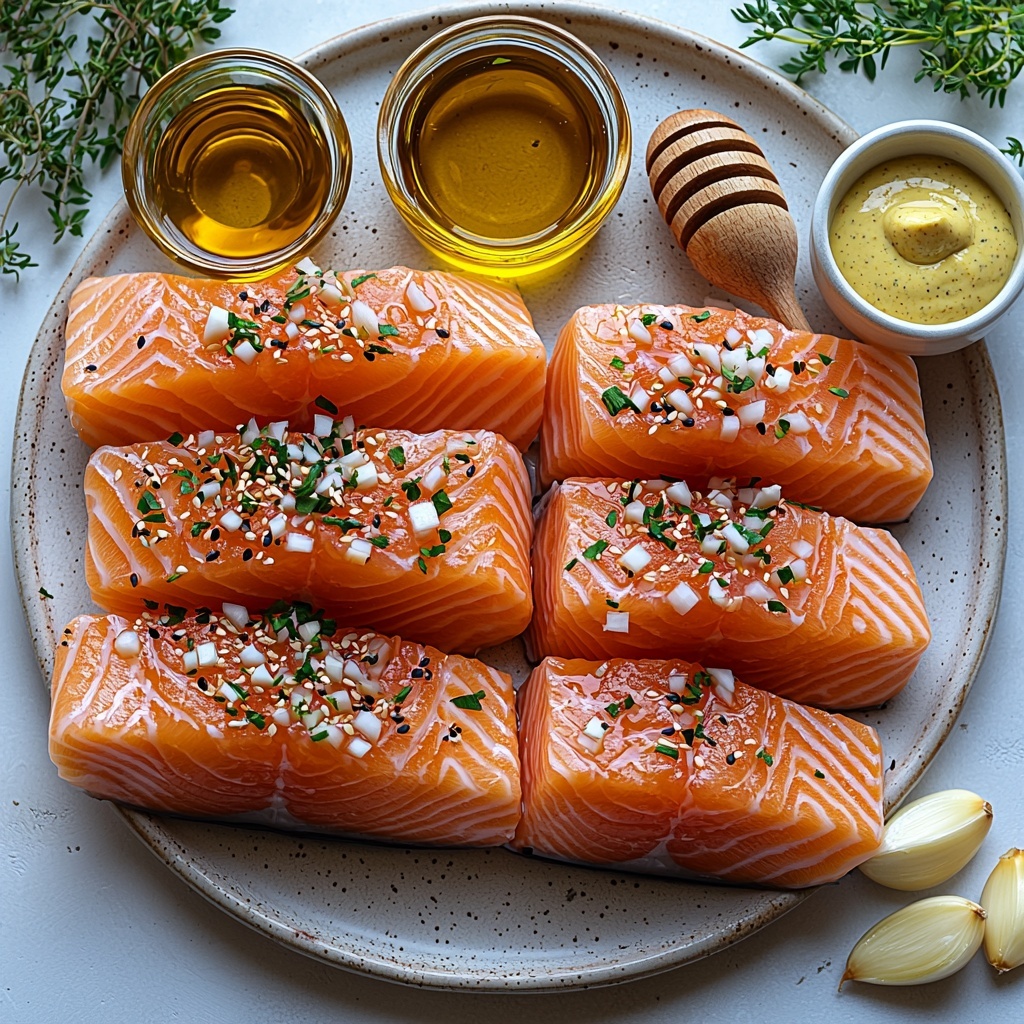 4 fresh salmon fillets with vibrant pink flesh and silvery skin, a small glass bowl with glossy golden honey, a ceramic dish containing dark amber low sodium soy sauce, a clear bottle of rich golden olive oil, a small white bowl with smooth pale yellow Dijon mustard, two peeled garlic cloves with slightly textured surface and a small pile of finely minced garlic on a rustic wooden spoon, all neatly arranged on a clean white surface with soft natural lighting enhancing the colors and textures. The ingredients are spaced evenly with minimal shadows, styled with subtle sprigs of fresh green herbs adding contrast. Overhead shot, top down view, flat lay photography, professional food styling --ar 1:1 --q 2 --s 750 --v 6.1