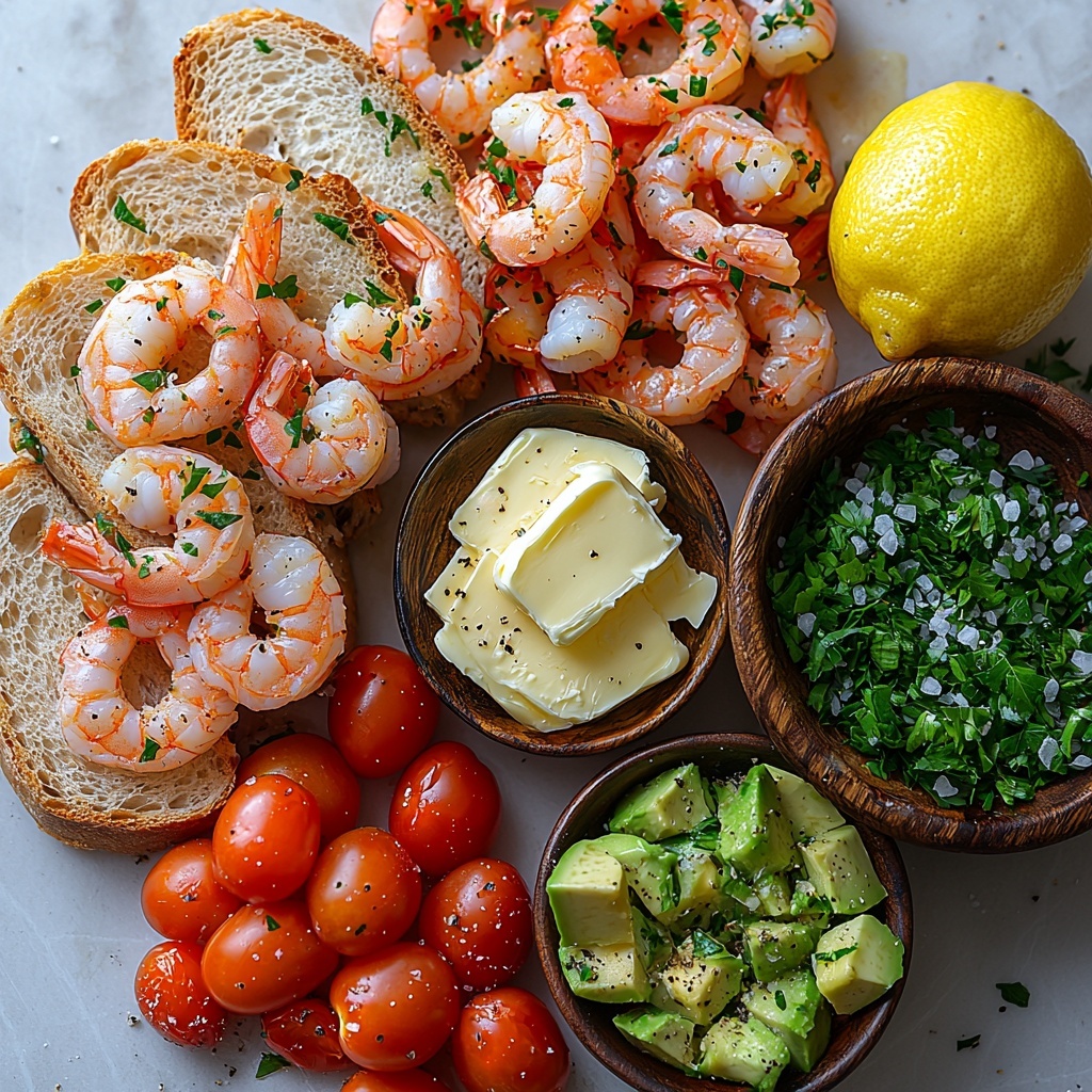 French baguette slices arranged in a neat row on a clean white marble surface; a small ramekin of smooth unsalted butter beside a cluster of three peeled garlic cloves and a finely diced shallot; a bowl of vibrant pink medium shrimp, glistening and slightly curled; a scattering of bright red halved cherry tomatoes with juicy interiors visible; a wooden bowl filled with fresh diced avocado displaying rich green and creamy textures; a small dish of chopped fresh parsley leaves, vivid green and fresh; a lemon cut in half with one half placed cut-side up showing bright yellow flesh; a few grains of coarse kosher salt and freshly cracked black pepper scattered artfully around; soft natural light casting gentle shadows enhancing the colors and textures, with minimalistic and clean styling; ingredients spaced evenly for balance to create an inviting and fresh composition. Overhead shot, top down view, flat lay photography, professional food styling --ar 1:1 --q 2 --s 750 --v 6.1