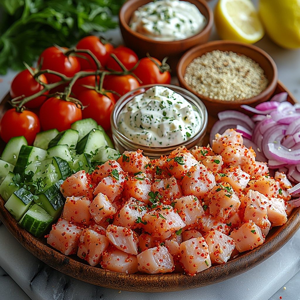 boneless skinless chicken breast cubes, small glass bowl of olive oil, fresh lemon wedges, minced garlic cloves, dried oregano in a small ceramic dish, paprika powder, salt and black peppercorns scattered sparingly, cooked fluffy rice or quinoa in a neat mound, vibrant red halved cherry tomatoes, diced cool green cucumber, thinly sliced translucent red onion rings, fresh chopped bright green parsley, crumbled creamy white feta cheese piled slightly, a small bowl with creamy white feta sauce blending Greek yogurt, olive oil, lemon juice and grated garlic, all ingredients carefully arranged on a clean white marble surface with natural soft lighting highlighting vivid colors and contrasting textures, pops of green and red balanced by neutral tones, subtle shadows adding depth, minimalistic rustic ceramic bowls and wooden spoons included for styling, fresh and inviting atmosphere, overhead shot, top down view, flat lay photography, professional food styling --ar 1:1 --q 2 --s 750 --v 6.1