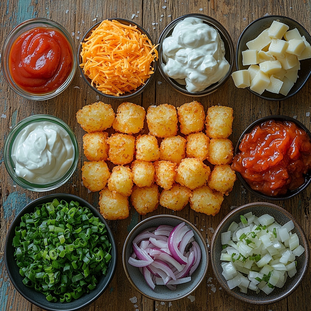 frozen golden potato tots in a neat pile, small glass bowls with creamy white sour cream, vibrant red tomato ketchup, bright yellow classic mustard; shredded cheddar cheese in two piles showcasing rich orange texture; crispy chopped bacon pieces with deep brown and reddish hues; a sleek can of condensed cheddar cheese soup with glossy label; small heap of finely minced white garlic cloves; diced white onion cubes with slight translucency; raw ground beef shaped into a rough mound with marbled red and pink tones; thinly sliced green onions with fresh bright green color scattered nearby; tiny bowls of coarse white table salt and freshly ground black pepper; all ingredients arranged separately on a clean warm wood surface with natural soft daylight casting gentle shadows, stylized with minimal props, subtle rustic elements, and a balanced composition emphasizing textures and vivid colors, overhead shot, top down view, flat lay photography, professional food styling --ar 1:1 --q 2 --s 750 --v 6.1