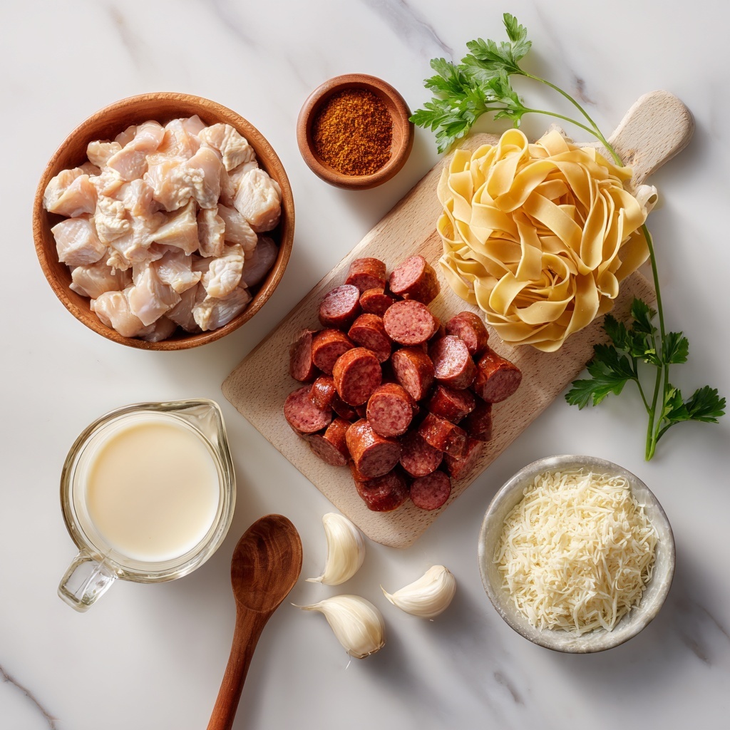 boneless skinless chicken breasts diced into cubes, sliced Andouille sausage with rich reddish-brown color, uncooked fettuccine or penne pasta neatly coiled and golden, small wooden bowl of vibrant Cajun seasoning powder, ramekin of thick creamy heavy cream, small pile of freshly grated Parmesan cheese with fluffy texture, clear glass measuring cup filled with light golden low-sodium chicken broth, three cloves of fresh garlic minced finely on a rustic wooden board, arranged on a clean white marble surface with soft natural light casting gentle shadows, ingredients spaced evenly to showcase contrasting colors and textures — warm earthy tones of meats, creamy white dairy, pale pasta, and deep spice hues, styled with minimal props like a sprig of fresh parsley and a wooden spoon to add rustic charm, crisp focus highlighting details of each ingredient, overhead shot, top down view, flat lay photography, professional food styling --ar 1:1 --q 2 --s 750 --v 6.1