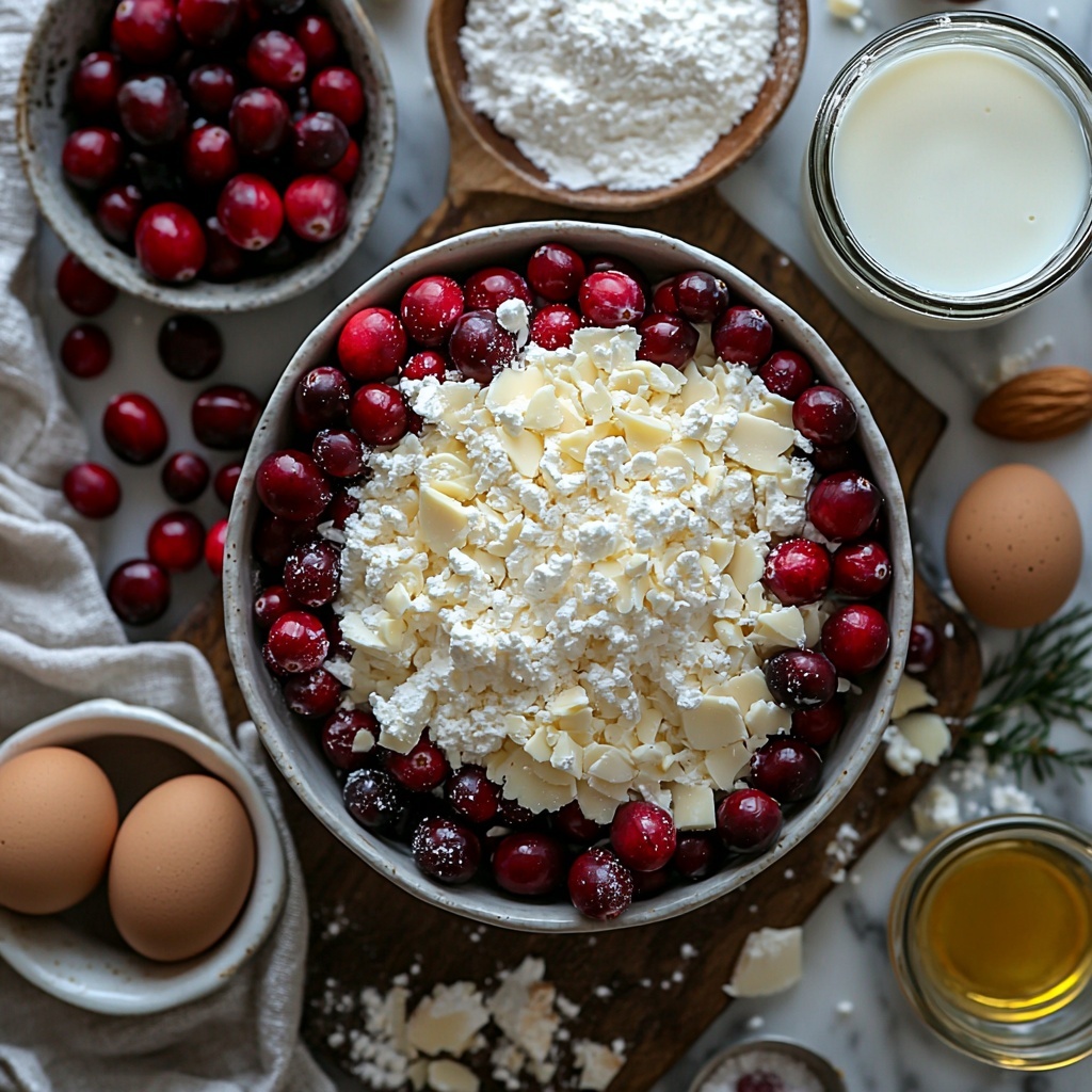 A clean, bright kitchen surface with all the main ingredients for Almond Cranberry Cake Delight neatly arranged in a visually balanced flat lay composition. Include a small mound of all-purpose flour in a white ceramic bowl, a small pile of fresh, vibrant red cranberries with some loose scattered around, a pat of softened unsalted butter on a wooden butter board, a glass bowl with granulated sugar sparkling under soft light, two cracked eggs in rustic ceramic egg cups showing rich yolks, a small dish of sour cream creamy and smooth, a delicate glass bottle of golden vegetable oil, a tiny white ramekin with baking powder and baking soda, a teaspoon of pure almond extract in a clear glass vial, a scattering of sliced almonds showing their pale cream color and delicate texture, a bowl of powdered sugar dusted lightly with a few flakes on the surface, and a small milk pitcher with fresh milk. Use natural lighting with soft shadows to highlight the textures — the powdery softness of flour and sugar, the glossy skins of cranberries, the creamy butter, and smooth sour cream. Include subtle props like a wooden spoon, a linen napkin in warm neutrals, and a clean, light wood or marble surface for a fresh, inviting atmosphere. The ingredients are spaced evenly with slight overlaps to create depth and interest. overhead shot, top down view, flat lay photography, professional food styling --ar 1:1 --q 2 --s 750 --v 6.1