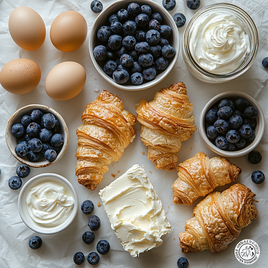 6 large day-old croissants torn into rustic chunks with golden flaky layers, a small clear glass bowl of fresh plump blueberries with deep blue and purple hues, an 8 oz block of creamy softened cream cheese on a white ceramic plate with a smooth texture, a small white ramekin filled with fine white granulated sugar, a tiny glass bowl holding amber-colored pure vanilla extract, four large brown eggs with smooth shells, a clear measuring cup filled with whole milk showing its creamy white liquid, a small glass jar of heavy cream with soft, glossy surface, a white teaspoon containing warm brown ground cinnamon powder, a pinch of salt in a tiny white dish, a small sieve dusted lightly with powdered sugar powder, extra blueberries scattered naturally around for pops of color, a small glass jar of amber maple syrup with light reflections; all ingredients carefully arranged on a matte white clean surface to highlight contrasts between warm croissant tones, cool blueberries, and creamy dairy, soft natural daylight illuminating textures, subtle shadows adding depth, minimalistic styling with a touch of rustic charm, slight crumbs and natural imperfections for authenticity, overhead shot, top down view, flat lay photography, professional food styling --ar 1:1 --q 2 --s 750 --v 6.1