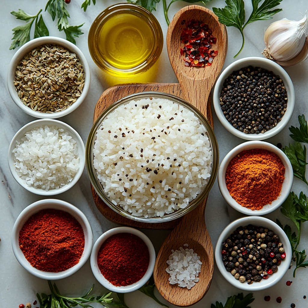 Long-grain white rice in a small clear glass bowl, next to a rustic wooden spoon filled with golden olive oil; a small white ramekin of chicken broth with a warm amber hue; assorted spices arranged in tiny white ceramic bowls including garlic powder (off-white powder), onion powder (light beige), paprika (deep red), black pepper (speckled black and gray), salt (crystalline white), and cayenne pepper (vibrant reddish-orange); all ingredients placed neatly on a clean white marble surface with soft natural lighting highlighting the varied textures and earthy colors; subtle shadows adding depth and warmth; dotted fresh green herbs lightly scattered around for contrast and freshness, creating an inviting and well-balanced composition — overhead shot, top down view, flat lay photography, professional food styling --ar 1:1 --q 2 --s 750 --v 6.1