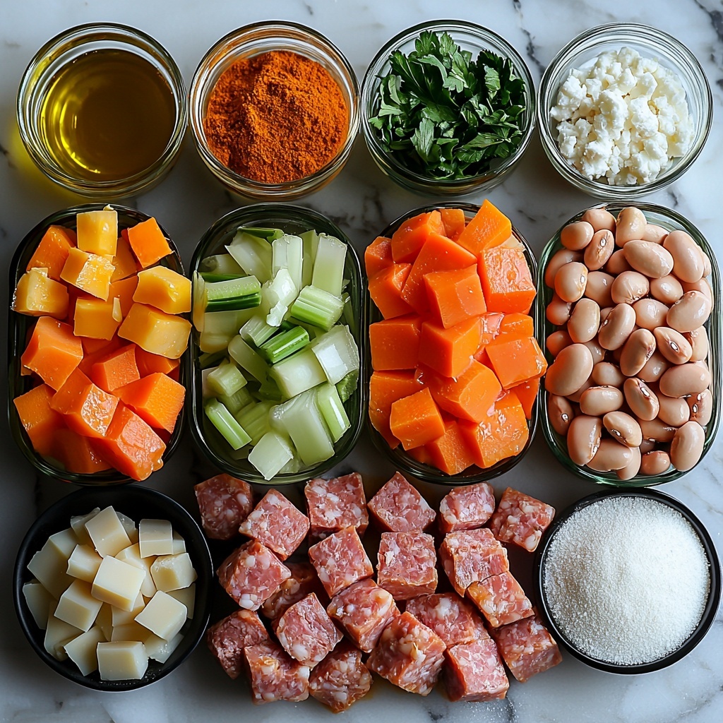 A clean, bright surface with fresh and raw ingredients arranged neatly for a Sausage and Bean Soup recipe. Two tablespoons of golden olive oil in a small glass bowl, one cup of finely diced yellow onion showing crisp white and pale yellow layers, two medium carrots diced into vibrant orange cubes, two ribs of celery diced with crisp light green hues, two cloves of garlic minced finely with a slight creamy texture, a small spoonful of deep red tomato paste in a rustic ceramic spoon. Nearby, small piles of dried Italian seasoning, ground cumin, smoked paprika, and freshly ground black pepper showcasing earthy browns and soft reds. Six cups of clear golden low-sodium chicken broth in a glass measuring cup, one pound of fully cooked chicken sausage sliced into round pieces with browned edges and a juicy texture, two cans of rinsed cannellini beans with creamy white tones in a vintage can, resting beside a single bay leaf with matte green color. A small glass of milk with creamy white opacity, and a small bowl of translucent cornstarch powder. A pinch of fine sea salt in a tiny white dish and a small pile of freshly grated Parmesan cheese with a fluffy, granular texture completing the spread. Everything arranged with careful spacing, balanced color contrasts between fresh vegetables, meats, spices, and dairy on a clean white marble countertop. Soft natural lighting accentuates the textures and colors, shadows minimal for crisp clarity. Overhead shot, top down view, flat lay photography, professional food styling --ar 1:1 --q 2 --s 750 --v 6.1
