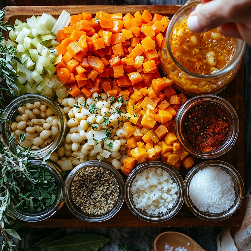 2 tablespoons golden olive oil in a small glass bowl, vibrant diced yellow onion piles, bright orange diced carrots, crisp green diced celery stalks, finely minced white garlic cloves, rich deep red tomato paste spoonful, rustic dried Italian seasoning herbs, warm brown ground cumin, smoky reddish-brown smoked paprika powder, coarse black freshly ground pepper, clear glass measuring cup with pale golden chicken broth, plump round slices of cooked golden-brown chicken sausage, two open cans showing creamy white cannellini beans, vibrant fresh green bay leaf, small glass of creamy off-white milk, fine white cornstarch powder in a tiny bowl, coarse sea salt crystals scattered sparsely, small heap of grated pale yellow Parmesan cheese, all ingredients neatly arranged on a clean crisp white surface with natural soft daylight illuminating textures and colors, subtle shadows for depth, casual yet elegant spacing highlighting contrasts of color and texture, rustic wooden spoon and light linen napkin accents nearby, overhead shot, top down view, flat lay photography, professional food styling --ar 1:1 --q 2 --s 750 --v 6.1