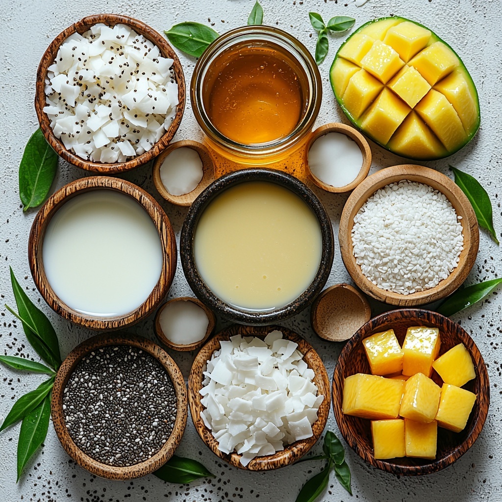 canned full-fat coconut milk in a small tin with smooth white creamy texture visible, a glass jar of unsweetened almond milk showing milky white liquid, a small wooden bowl filled with tiny black and white chia seeds displaying a granular texture, a sleek glass bottle or small jar of amber maple syrup shining under natural light, a tiny bowl with pale golden vanilla extract, fresh ripe mango cubes vibrant bright orange-yellow with juicy texture scattered artistically, a small dish of delicate white coconut flakes, all ingredients thoughtfully arranged on a clean, matte white surface enhancing vivid colors and natural textures, soft natural daylight casting gentle shadows, minimalistic style with a touch of rustic charm, subtle greenery or tropical leaf accents in the corners for a fresh vibe, overhead shot, top down view, flat lay photography, professional food styling --ar 1:1 --q 2 --s 750 --v 6.1