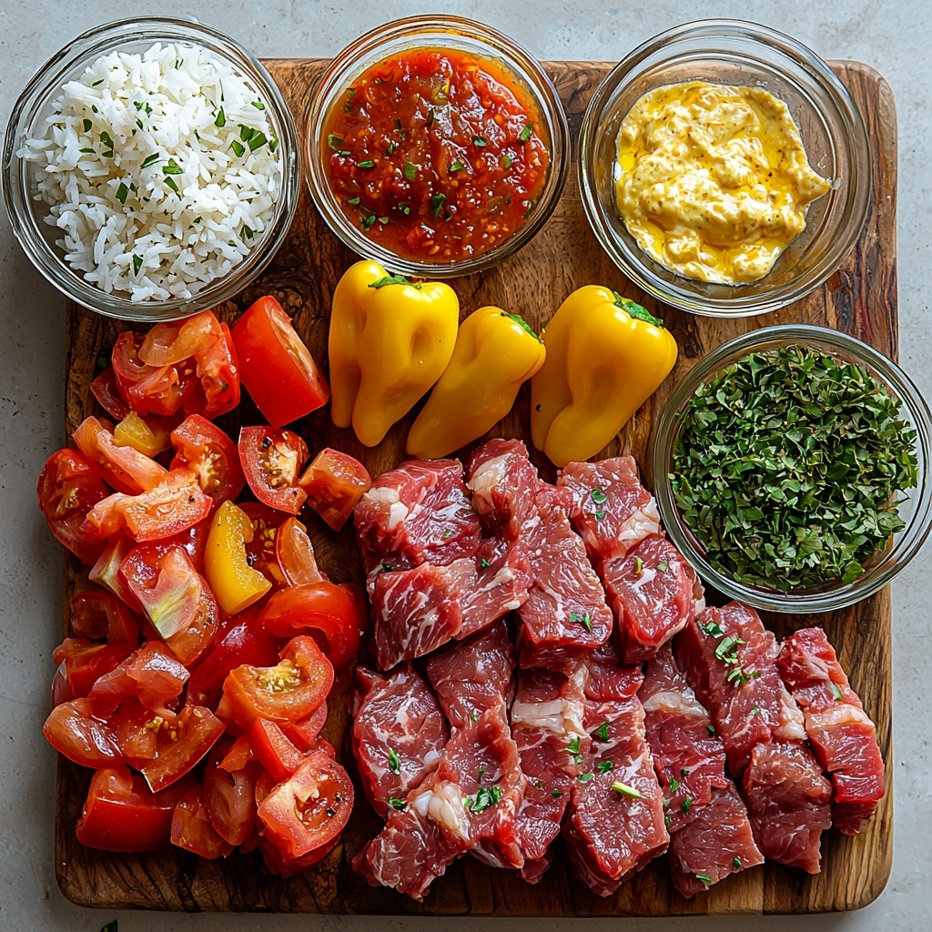 A vibrant flat lay arrangement of the main ingredients for Queso Steak Fajita Skillet on a clean white surface. Include 2 cups of uncooked Minute Rice in a small clear glass bowl with its delicate, fine grains visible; a clear measuring cup filled with rich golden Chicken Broth; a small rustic bowl of bright red Tomato Sauce with a glossy texture; 3 fresh bell peppers sliced into colorful strips showing red, yellow, and green shades; a portion of ½ yellow onion diced into small translucent cubes; 2 tablespoons of golden Olive Oil in a small glass dish reflecting light; raw top sirloin steak strips with rich red color and marbling arranged neatly on a wooden board; a small bowl of creamy, slightly melted Gordo’s Cheese Dip with a smooth texture and pale yellow hue; and a packet of fajita seasoning with visible spices peeking through the transparent packaging. The ingredients are spaced evenly with natural lighting enhancing their vibrant colors and textures, shadows soft and minimal, styled with a few fresh herb sprigs for subtle contrast. Overhead shot, top down view, flat lay photography, professional food styling --ar 1:1 --q 2 --s 750 --v 6.1