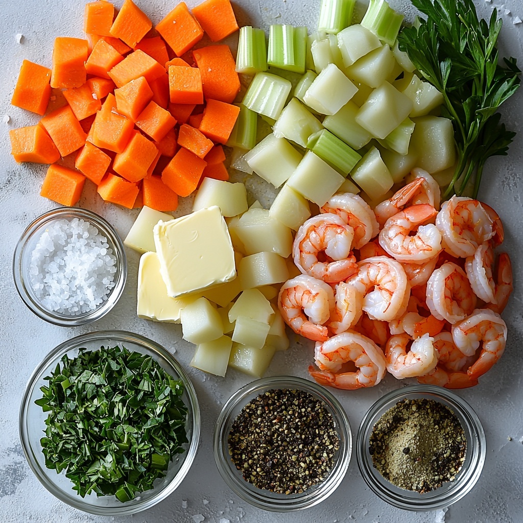 Shrimp Chowder ingredients arranged neatly on a clean white surface, featuring a small pat of unsalted butter glistening softly; diced bright orange carrot pieces, finely chopped translucent white onion, crisp pale green celery stalks cut into small cubes; minced garlic cloves with their creamy white texture; two whole dried bay leaves with deep olive-green color; small rustic heaps of dried thyme, coarse black pepper, and fine salt in tiny white ceramic bowls; peeled and diced russet potatoes showing off their creamy pale yellow flesh; raw pink shrimp, peeled and deveined with a glossy, slightly translucent appearance; a clear glass bowl of smooth heavy cream with a natural ivory hue; and a bunch of fresh bright green parsley leaves, loosely chopped, scattered to add freshness. Everything is carefully spaced with natural soft lighting highlighting the contrasting colors and textures, styled with casual elegance and minimal props to emphasize freshness and simplicity, overhead shot, top down view, flat lay photography, professional food styling --ar 1:1 --q 2 --s 750 --v 6.1